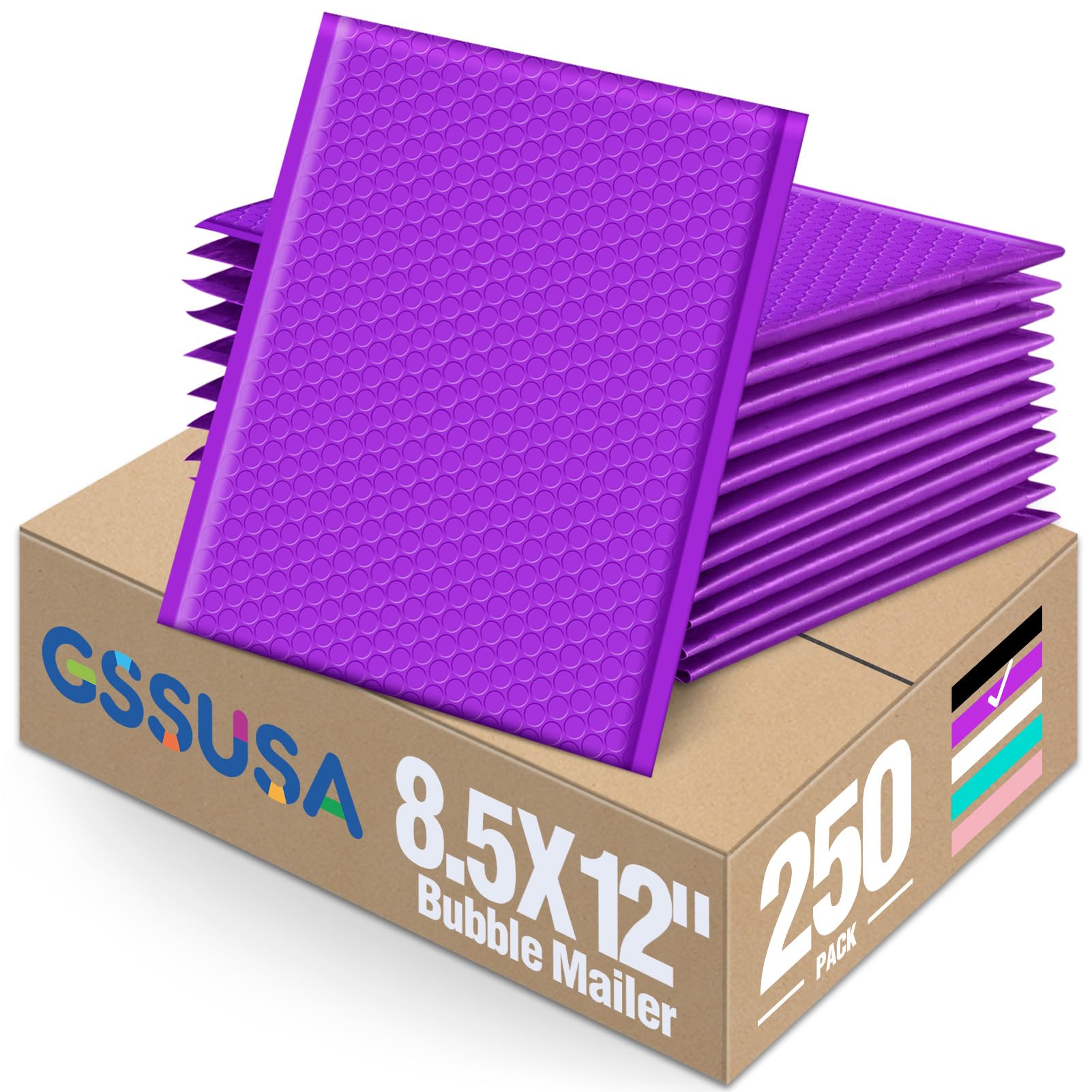 GSSUSA 8.5x12 Inch Large Purple Bubble Mailers - 250 Pack of Self-Sealing Padded Envelopes with Strong Adhesion for Shipping Clothes, Magazines | Perfect for Ecommerce, Small Business Shipping & Online Store Packaging