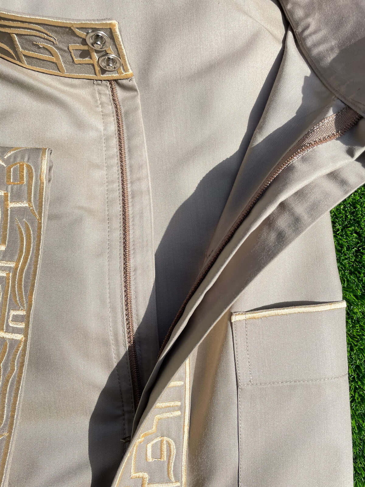 Premium Men's Silvered Sage Saudi Thobe with Gold Embroidery - Traditional Arabic Robe for Eid, Wedding & Special Occasions