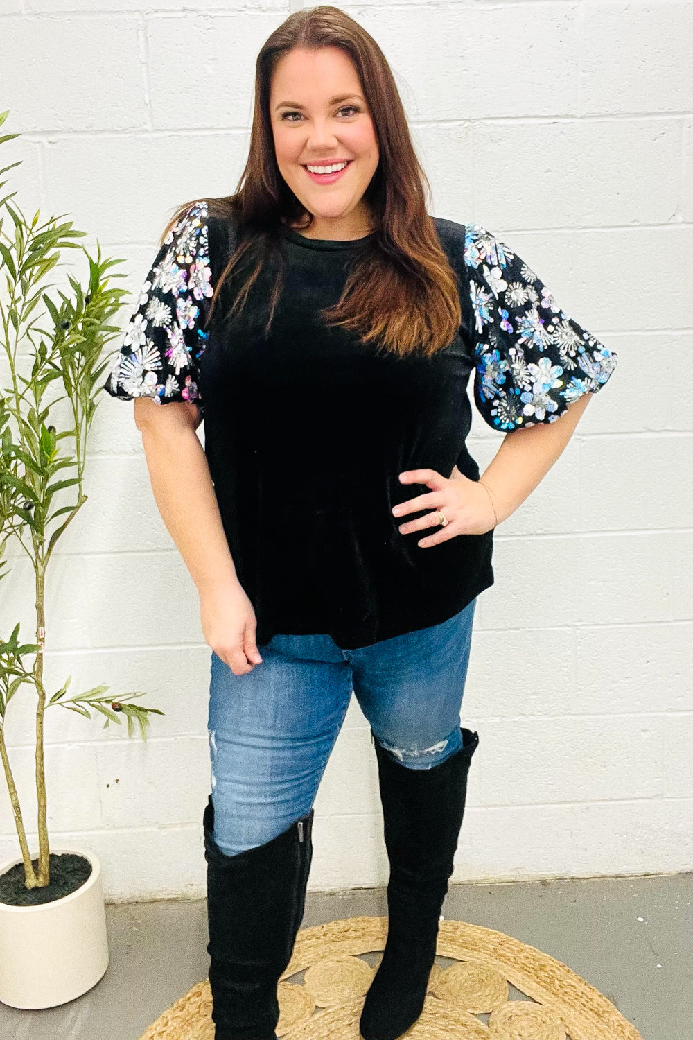 Glamorous Black Floral Sequin Puff Sleeve Velvet Top for Women | Elegant Party Blouse | Perfect for Evening Events, Date Nights & Special Occasions