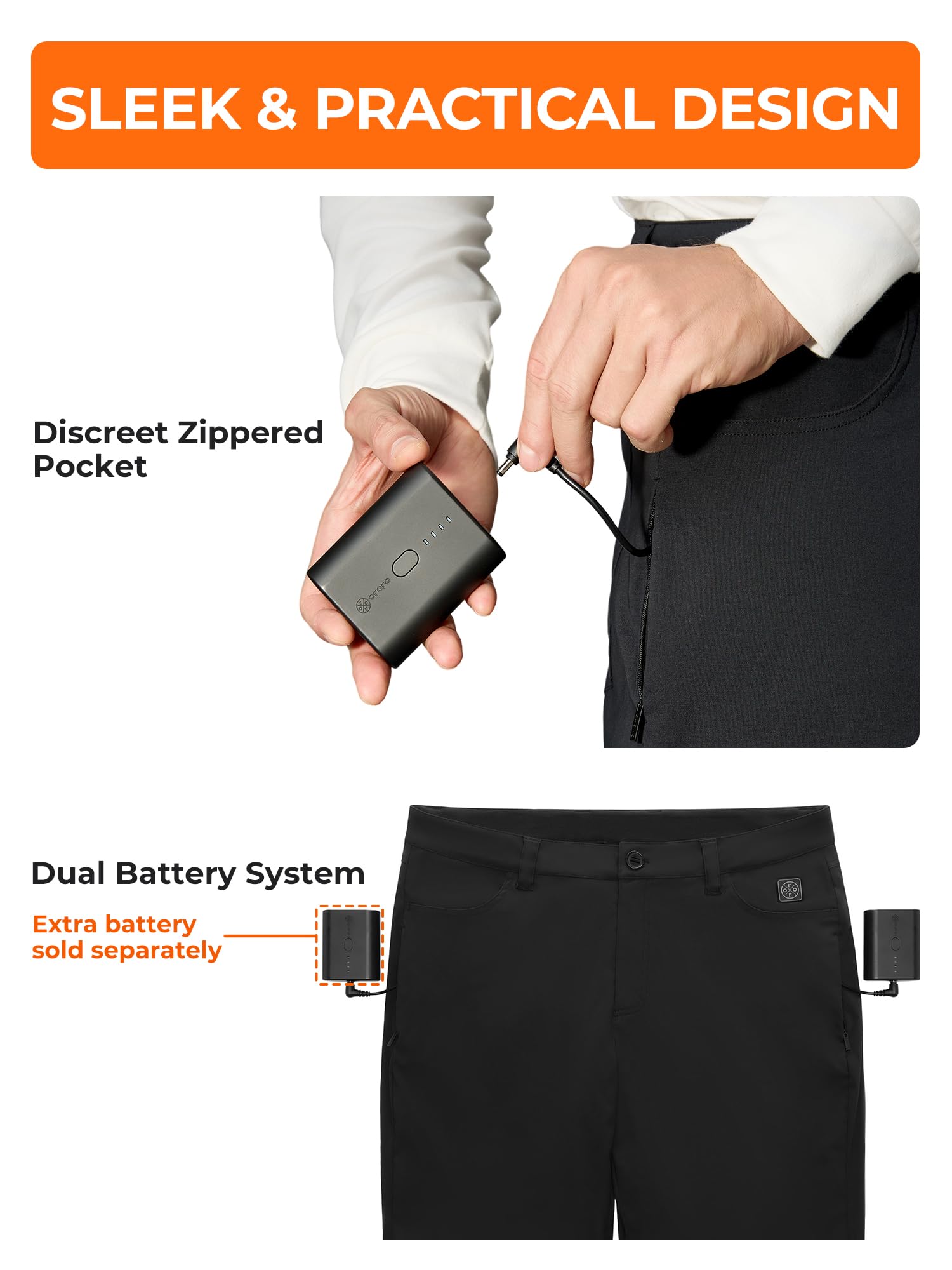 ORORO Men's Heated Fleece Lined Winter Pants with Battery Pack - USB Rechargeable Thermal Underwear for Outdoor Work, Skiing & Cold Weather (Charger Sold Separately)