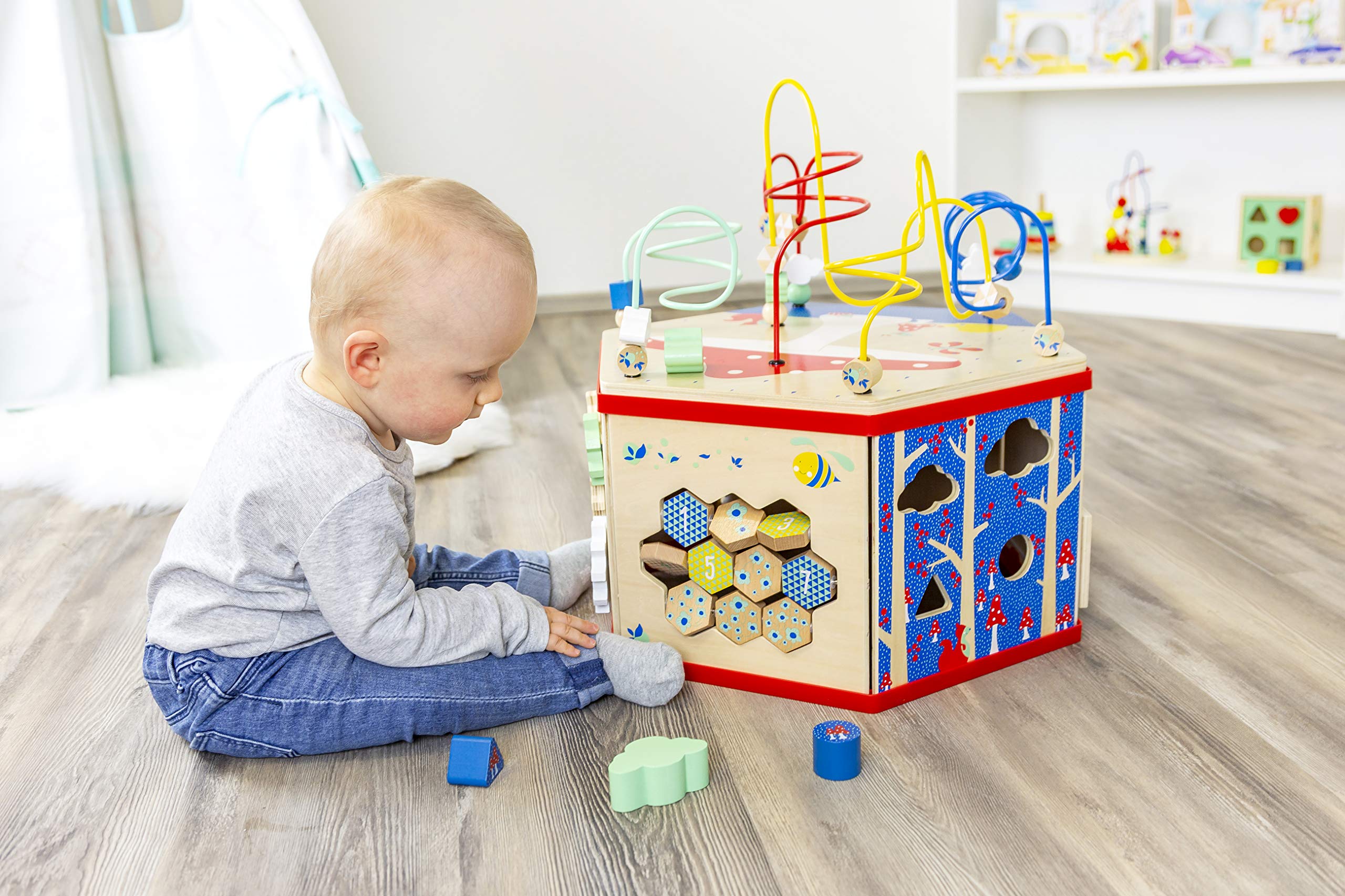 **Small Foot Wooden Activity Cube XL – 7-Sided Educational Toy with Bead Maze, Puzzle, Shape Sorter, Clock & Wheels – Develops Fine Motor Skills & Dexterity for Toddlers 12+ Months – Perfect for Playtime, Learning & Daycare Activities**