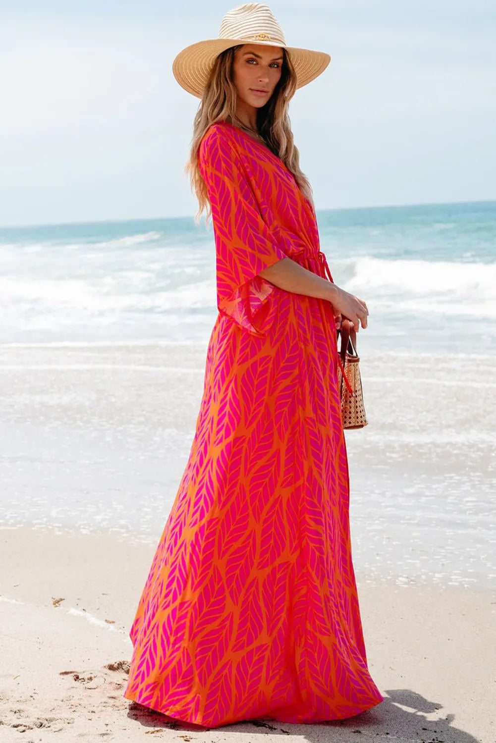 Stylish Printed V Neck Maxi Dress with Drawstring Waist - Perfect for Beach Vacations, Summer Parties & Casual Outings