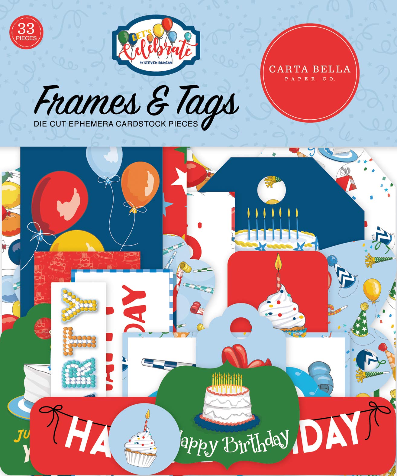 Carta Bella Paper Co. Let's Celebrate Frames & Tags Ephemera - Scrapbooking, Card Making, DIY Party Decorations, Gift Wrapping Supplies