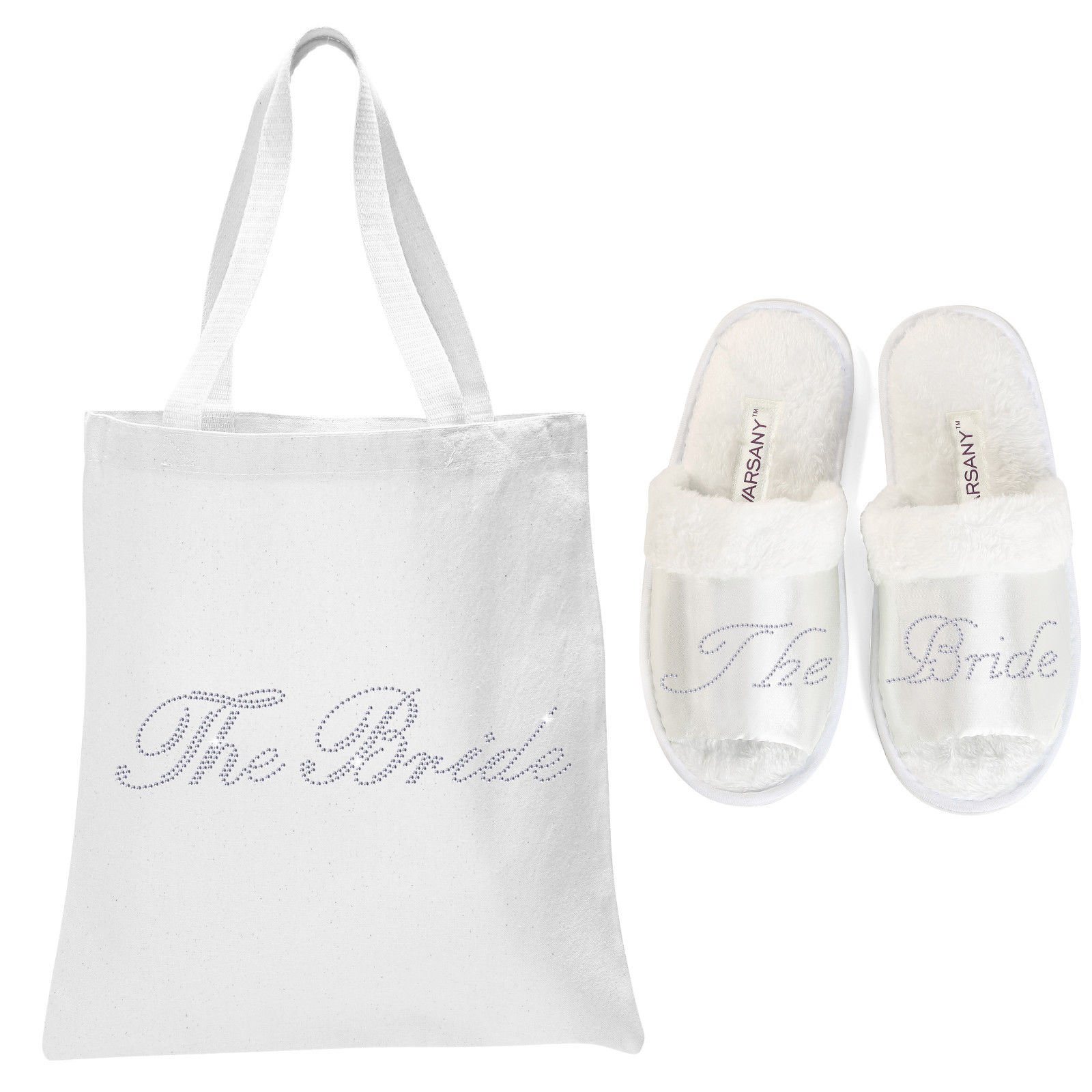 Varsany White Crystal Open Toe Spa Slippers & Tote Bags Set - Wedding Bridal Shower Gift, Bachelorette Party Favors (2-Piece) - Perfect for Bridesmaids, Spa Days & Luxury Relaxation