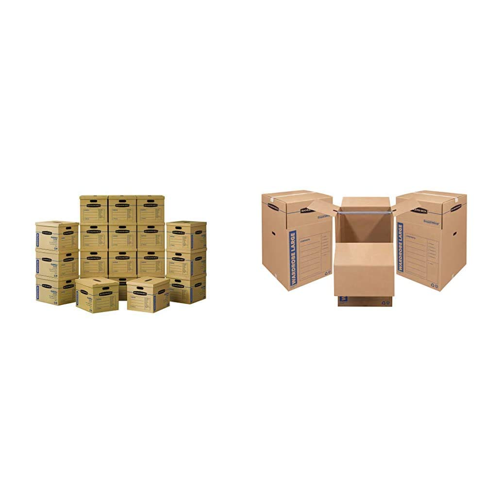 Bankers Box SmoothMove Classic Tape-Free Moving Boxes - Medium Storage Boxes with Lids & Carry Handles, 20-Pack (8817202) | Bankers Box SmoothMove Wardrobe Moving Boxes - Tall 24x24x40 Inches, 3-Pack (7711001) | Perfect for Home Relocation, Office Storage & Moving Organization