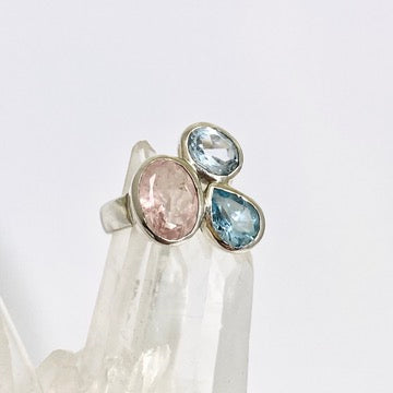 Morganite & Blue Topaz Faceted Multi-Stone Ring - Size 7.5 - PRGJ619 - Perfect for Engagement, Anniversary & Special Occasion Gifts