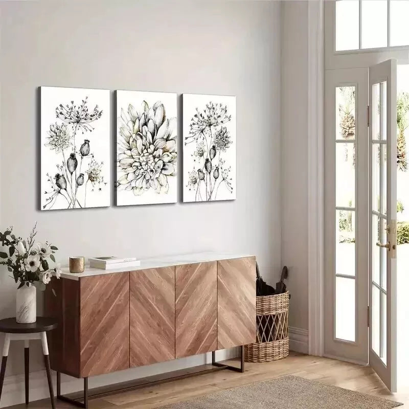 3-Piece Boho Chic Dandelion & Dahlia Flower Wall Art Set - 50x70cm Framed Canvas Prints - High Quality Australian Made - Ready to Hang - Perfect for Living Room, Bedroom & Office Decor