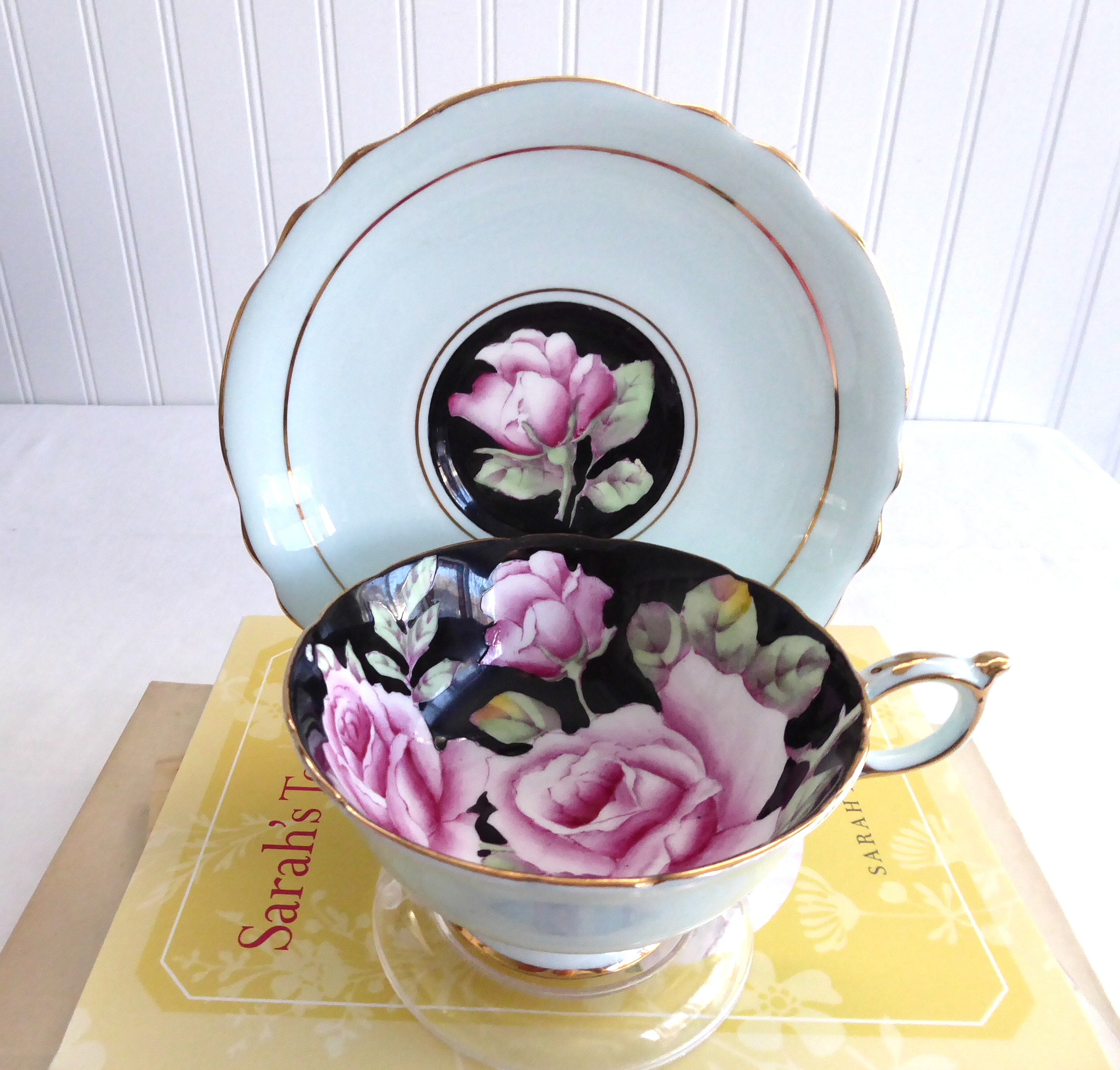 Vintage 1940s Hand-Painted Paragon Cup and Saucer Set - Gorgeous Aqua Pink Roses on Black Background | English Tea Set for Afternoon Tea, Bridal Shower, or Vintage Collection