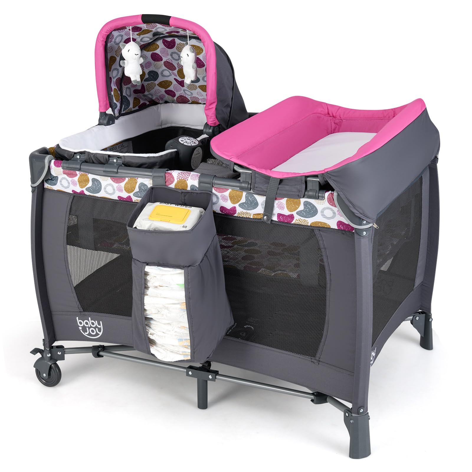 BABY JOY 5-in-1 Portable Baby Playard with Bassinet, Diaper Changing Table & Storage Bag - Nursery Center with Toys, Music & Oxford Carry Bag for Infant Girls (Rose Dot Circle) - Perfect for Travel, Daycare & Home Nursery