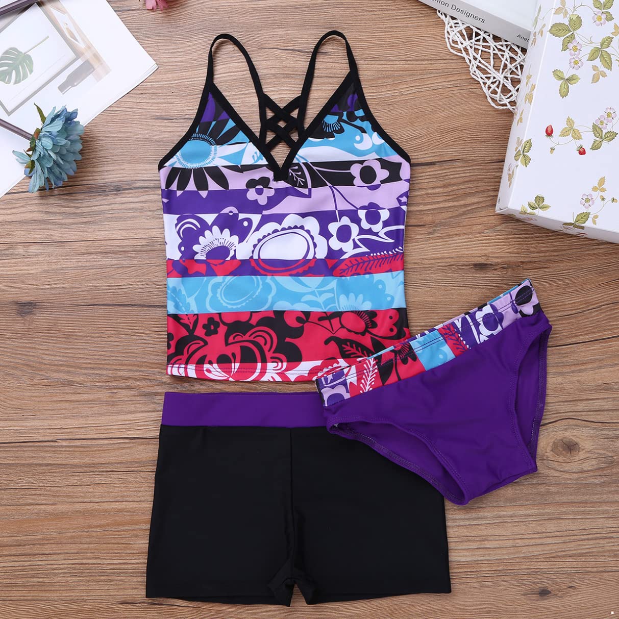 Girls' 3-Piece Swimsuits - Floral Print Tankini Bikini Set with Swim Shorts | Cute Bathing Suit for Kids | Perfect for Pool Parties, Beach Vacations & Summer Water Play