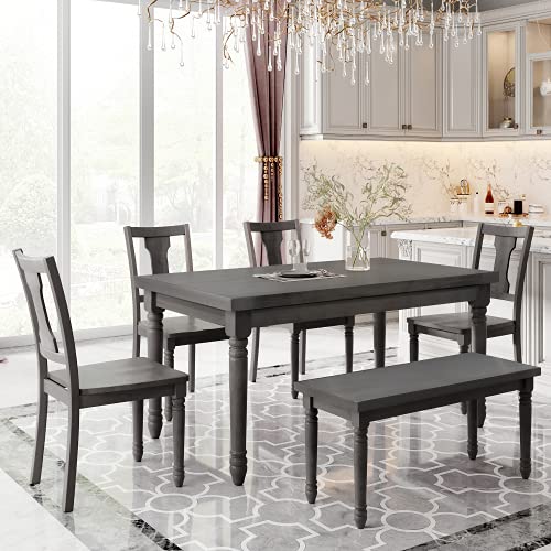 XD Designs 6-Piece Rustic Wood Dining Table Set with Bench & 4 Chairs - Gray Kitchen Table for 6 People | Perfect for Farmhouse, Cottage & Small Space Dining Rooms