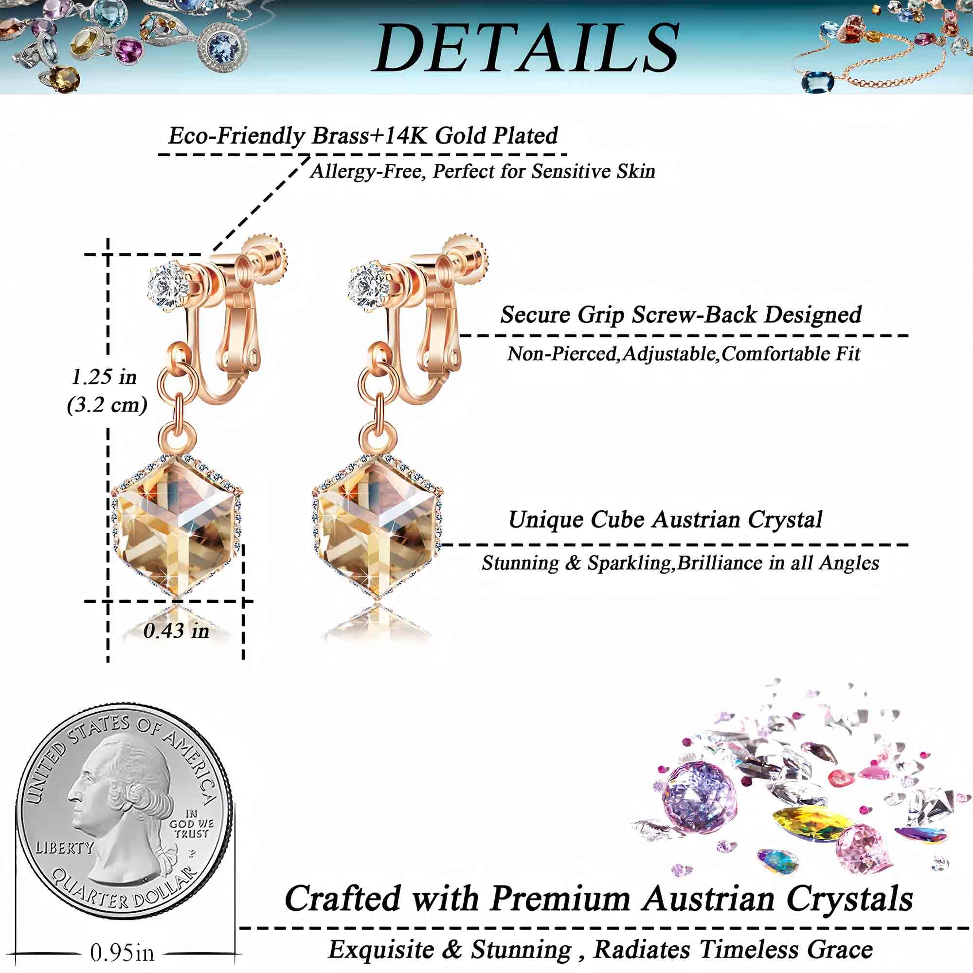 Austrian Crystal Drop Clip-On Earrings for Women - 14K Rose Gold Plated Hypoallergenic Non-Pierced Dangle Earrings | Elegant Party, Wedding & Evening Wear Jewelry