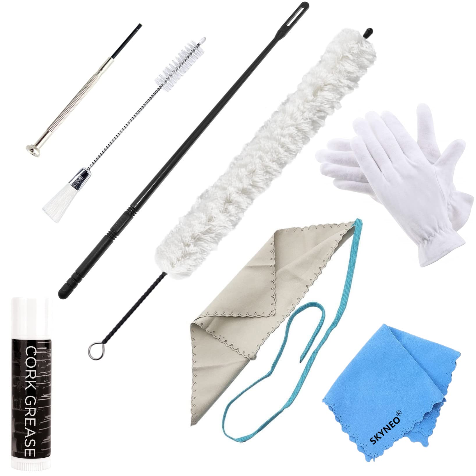 Premium Flute Cleaning Kit - Includes Cotton Brush, Flute Swab, Dust Brush, Cleaning Rod, Screwdriver, Cork Grease, Cotton Gloves & Microfiber Cloth | Complete Maintenance Set for Flute Players | Perfect for Daily Care, Performance Prep & Instrument Protection