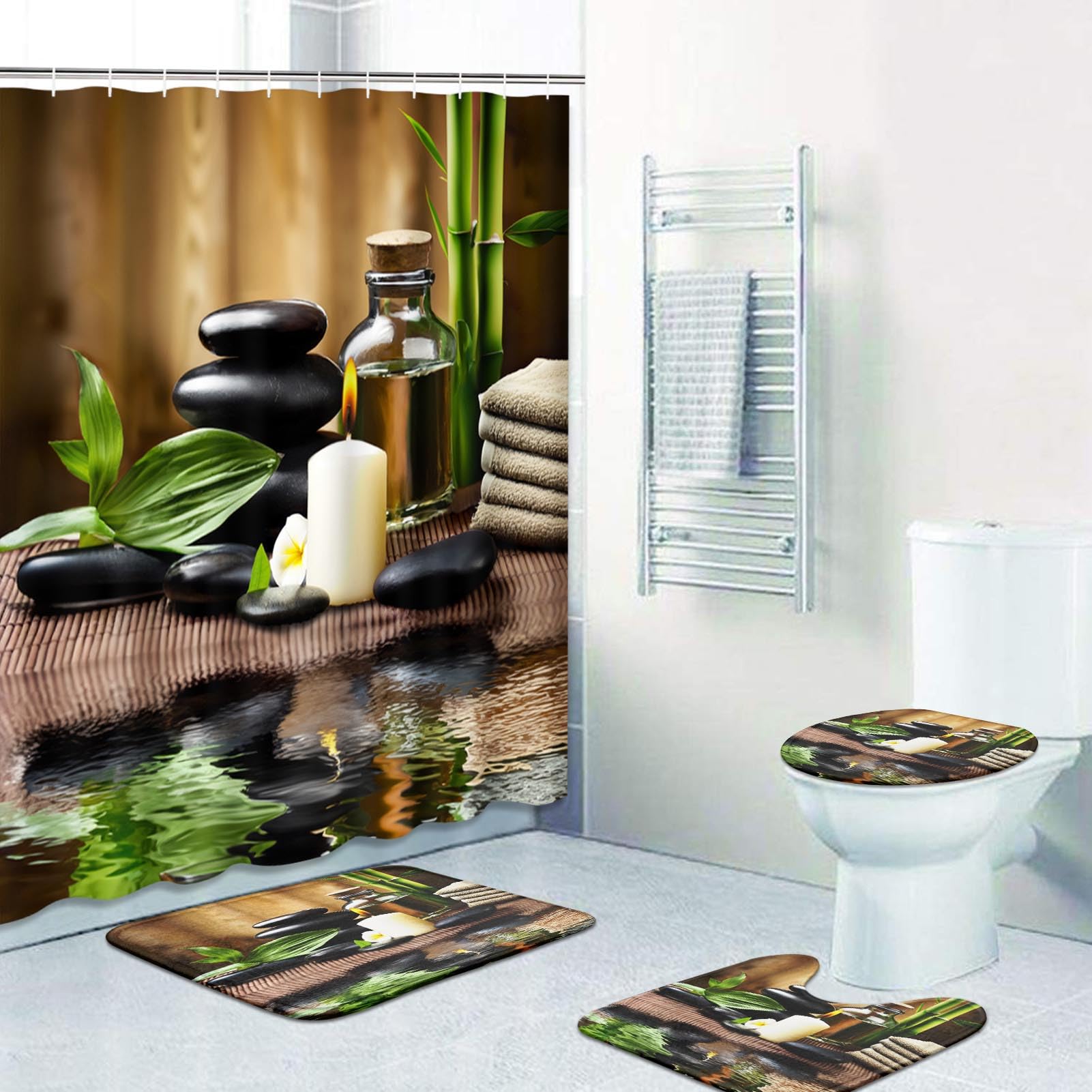 ArtSocket Spa Bamboo Bathroom Set - 4 Piece Shower Curtain, Rug & Accessories | Natural Oil Wood Massage Candle, Modern Water Bamboo Design in Tropical Green | Perfect for Bathroom Decor, Relaxing Spa Experience & Tropical Themed Home