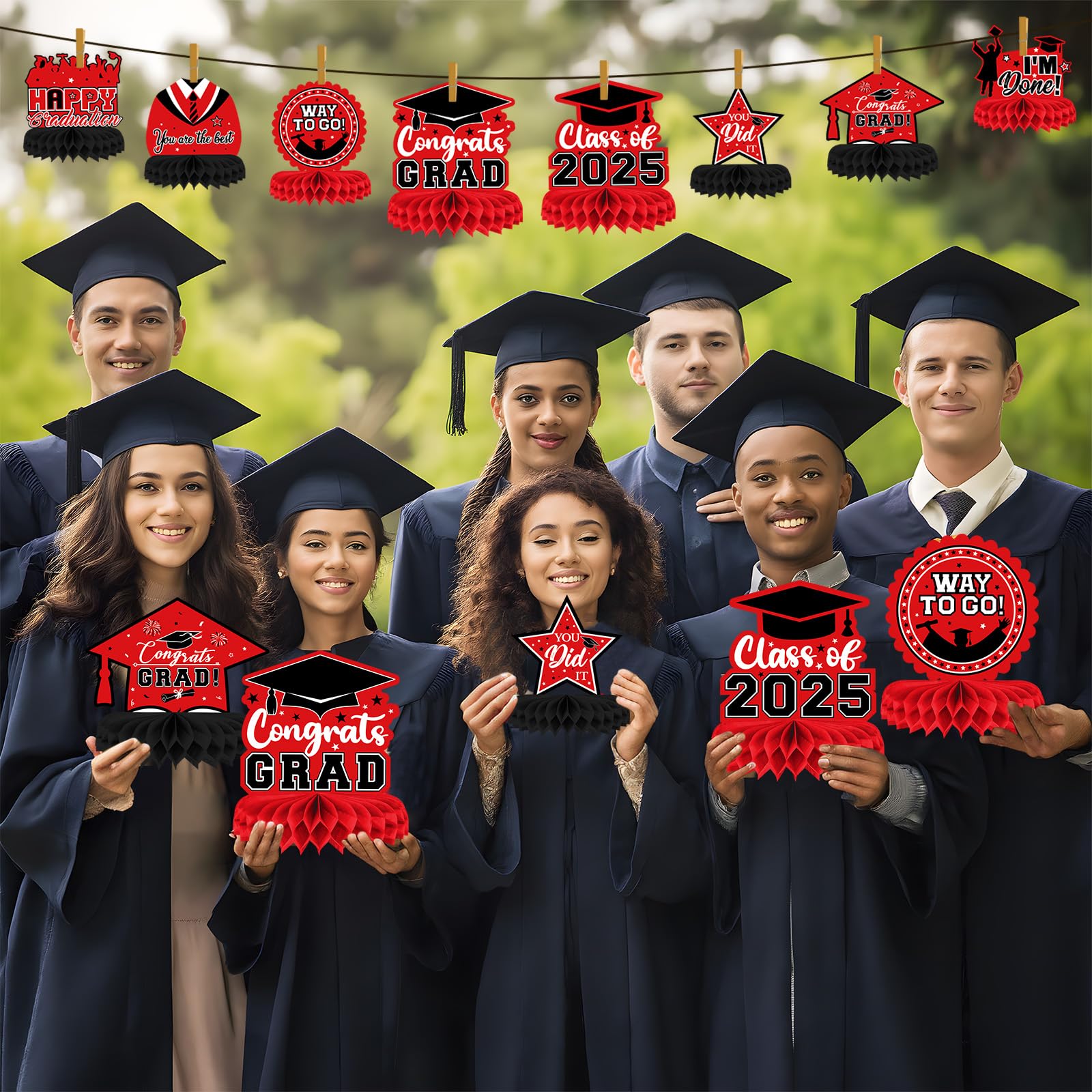 8-Piece Class of 2025 Graduation Table Decor Set - Red & Black Honeycomb Centerpieces for 2025 Grad Party | Congrats Grad Table Toppers | Perfect for Graduation Ceremony Decorations & Party Favors