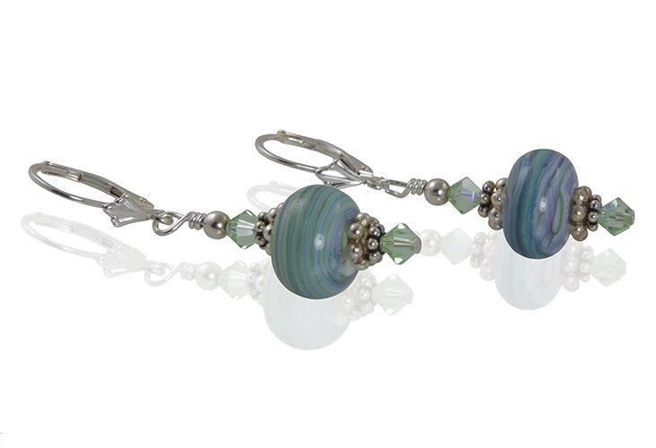 Handmade Glacial Striations Lampwork Glass Bead Earrings - Unique Blue Swirl Dangle Earrings for Women, Perfect for Parties, Weddings & Boho Fashion
