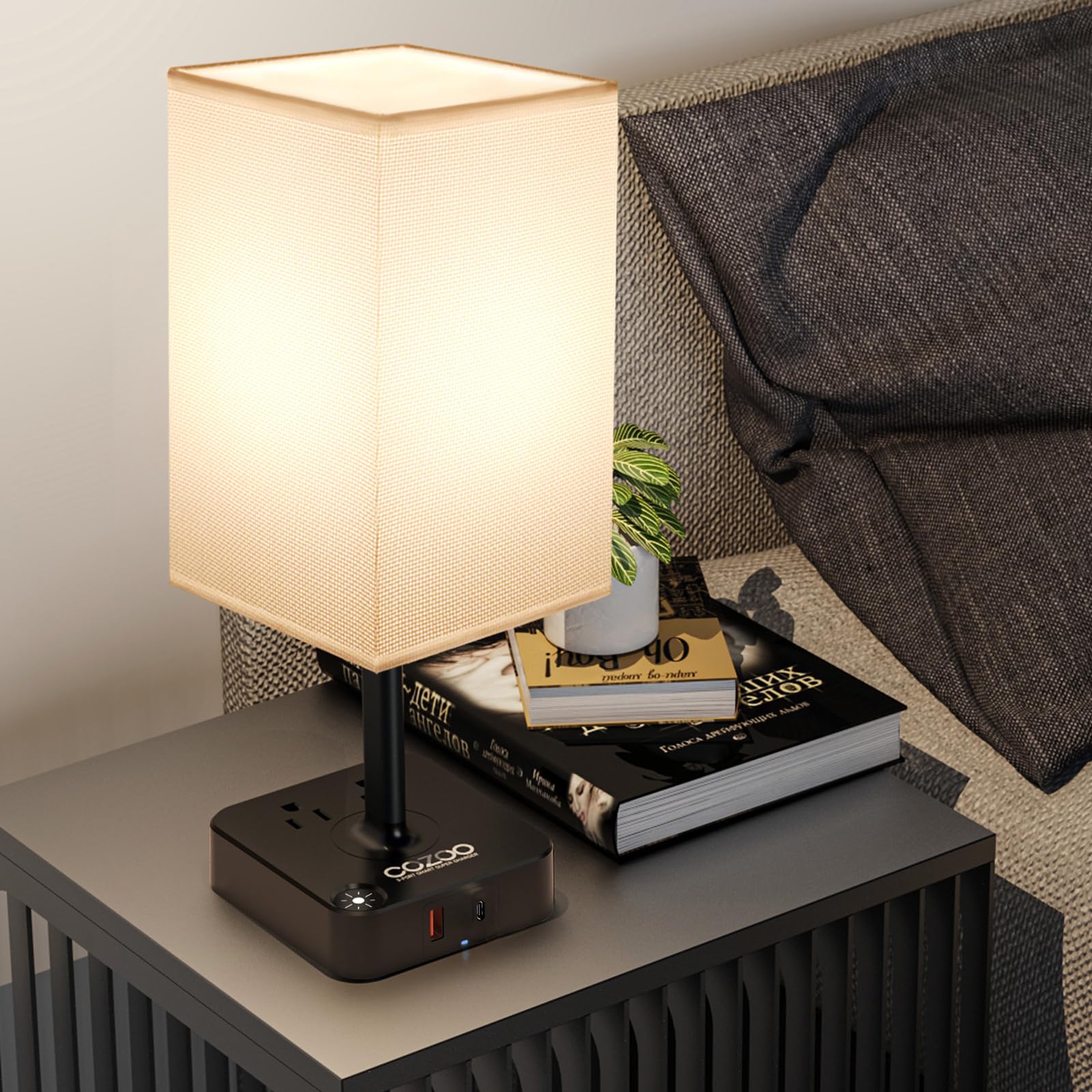 COZOO Modern Bedside Table Lamp with 2 USB Ports & 2 AC Outlets - White Fabric Shade LED Night Light with Charging Station for Bedroom, Living Room, Dorm | Perfect for Reading, Working & Phone Charging at Night