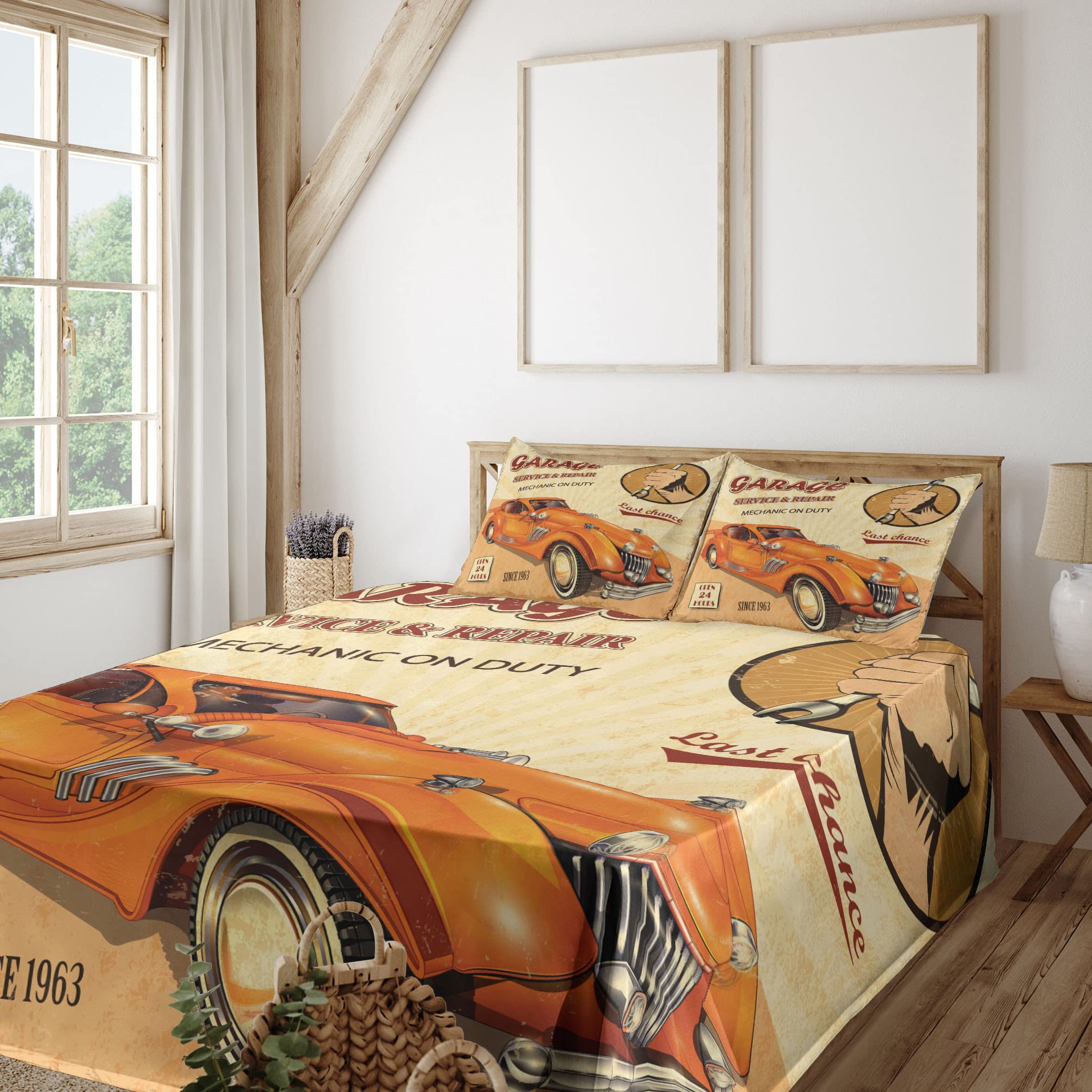 **Ambesonne Vintage Garage Advertising Bed Sheet Set - Retro Engines & Mechanical Print 4-Piece King Size, Orange Cream Red - Perfect for Classic Car Enthusiasts & Man Cave Decor**