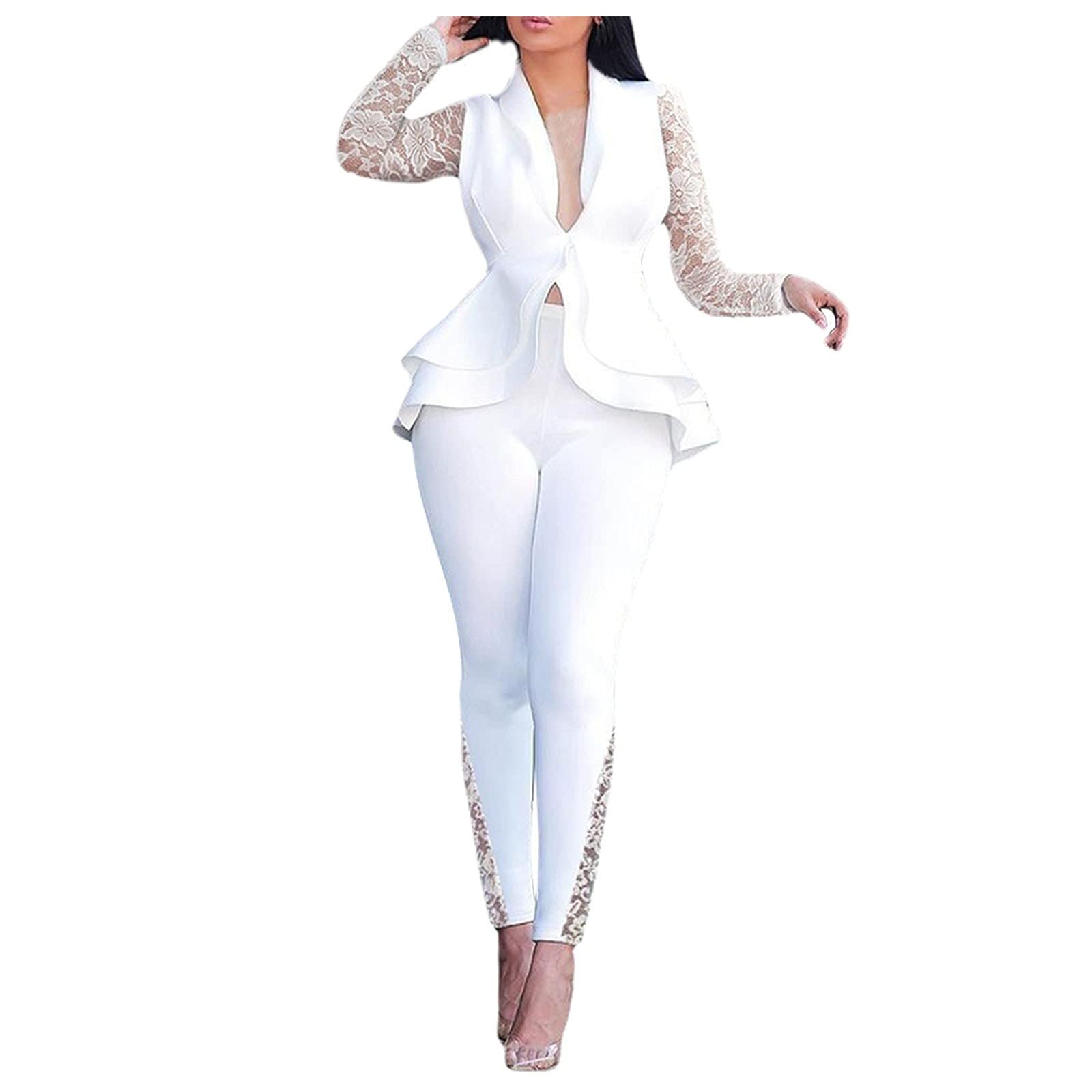 Women's Solid Lace V-Neck Long Sleeve Coat & Ruffle Button Pants Suit Set - Elegant Office Wear & Party Outfit for Women