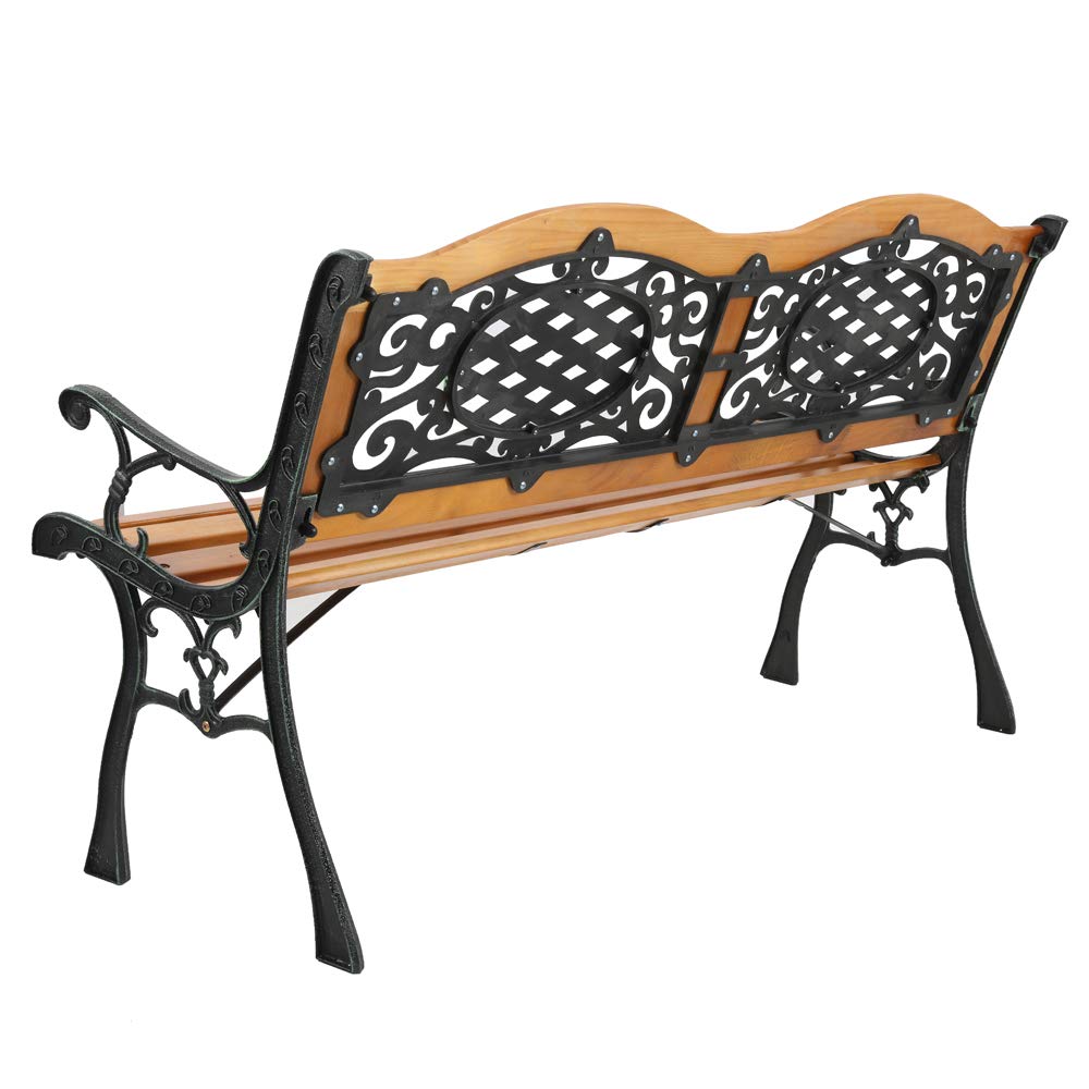 49-Inch Outdoor Garden Bench - Natural Hardwood Patio Park Bench with Bronze Cast Iron Frame & Antique Carved Pattern - Rustic Elegant Porch, Deck & Backyard Seating for Outdoor Relaxation