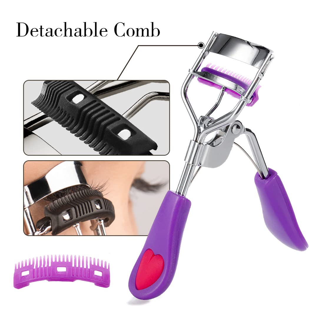 Premium Eyelash Curler with Comb & 2 Replacement Pads – Professional Lash Curling Tool for Women & Girls (Purple) – Perfect for Home, Travel & Salon Use
