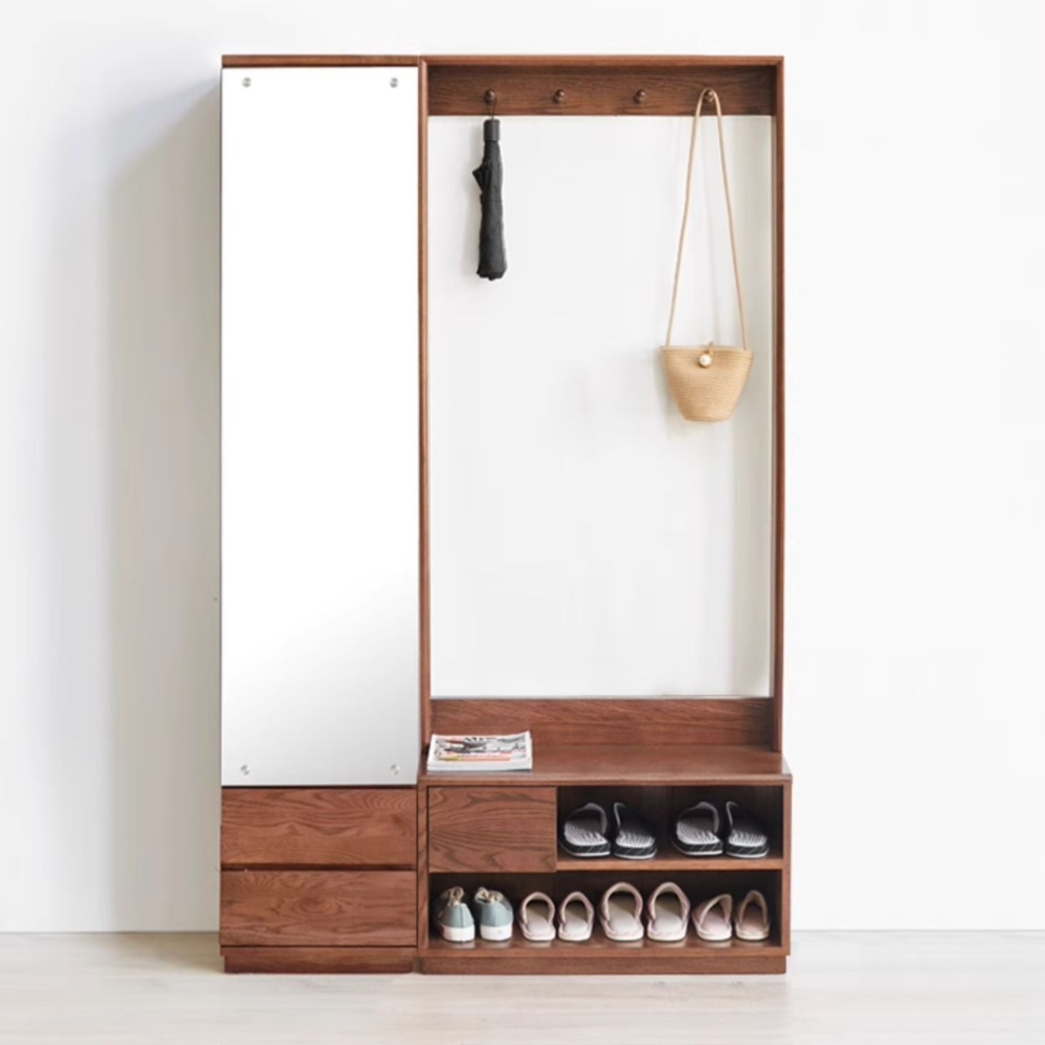 Solid Oak Wood Shoe Stool with Hanger - Space Saving Entryway Storage Cabinet for Shoes, Hats & Coats - Perfect for Small Apartments, Mudrooms & Closet Organization