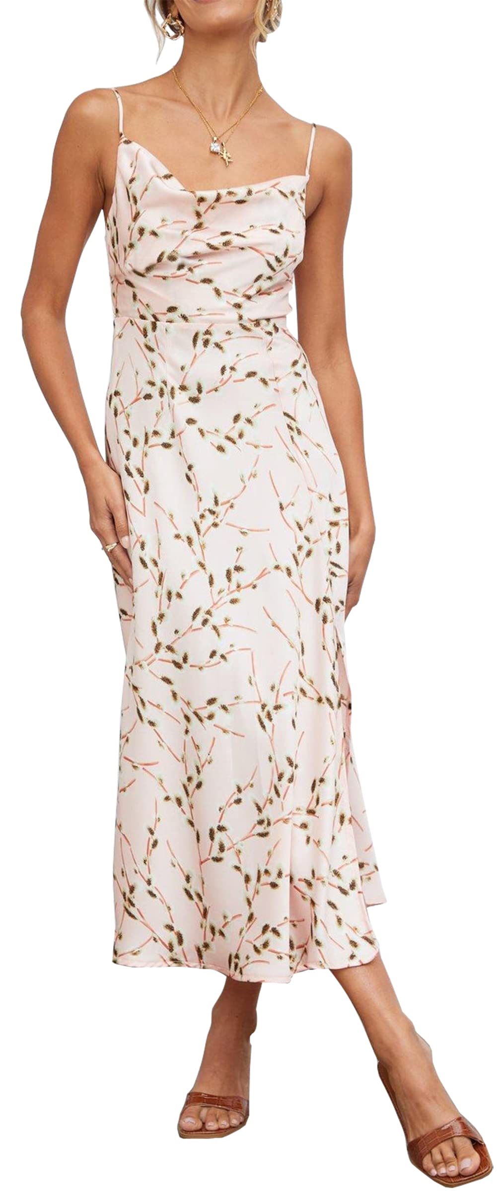Elegant Women's Cowl Neck Spaghetti Strap Slit Satin Dress for Wedding Guest, Party & Formal Occasions - Backless Midi Dress with Flattering Fit | Perfect for Evening Events, Cocktail Parties & Special Celebrations