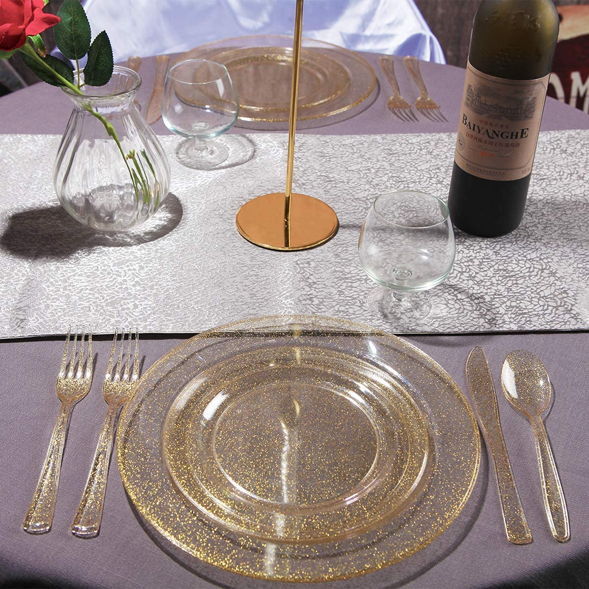 72-Piece Gold Glitter Plastic Dessert Plates & Forks Set - 7.5