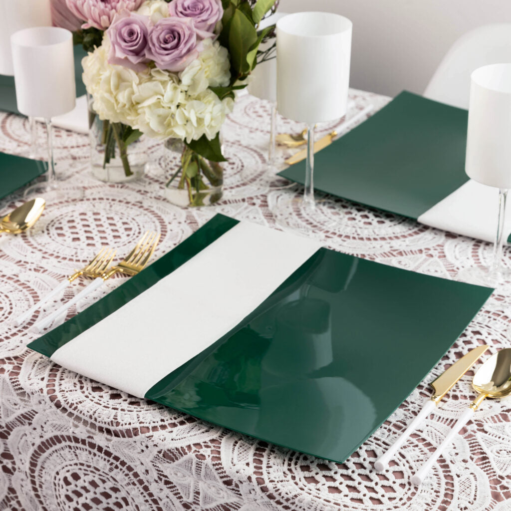 13 Inch Dark Green Square Plastic Charger Plates - Set of 4 | Elegant Dinnerware for Weddings, Parties & Formal Dining
