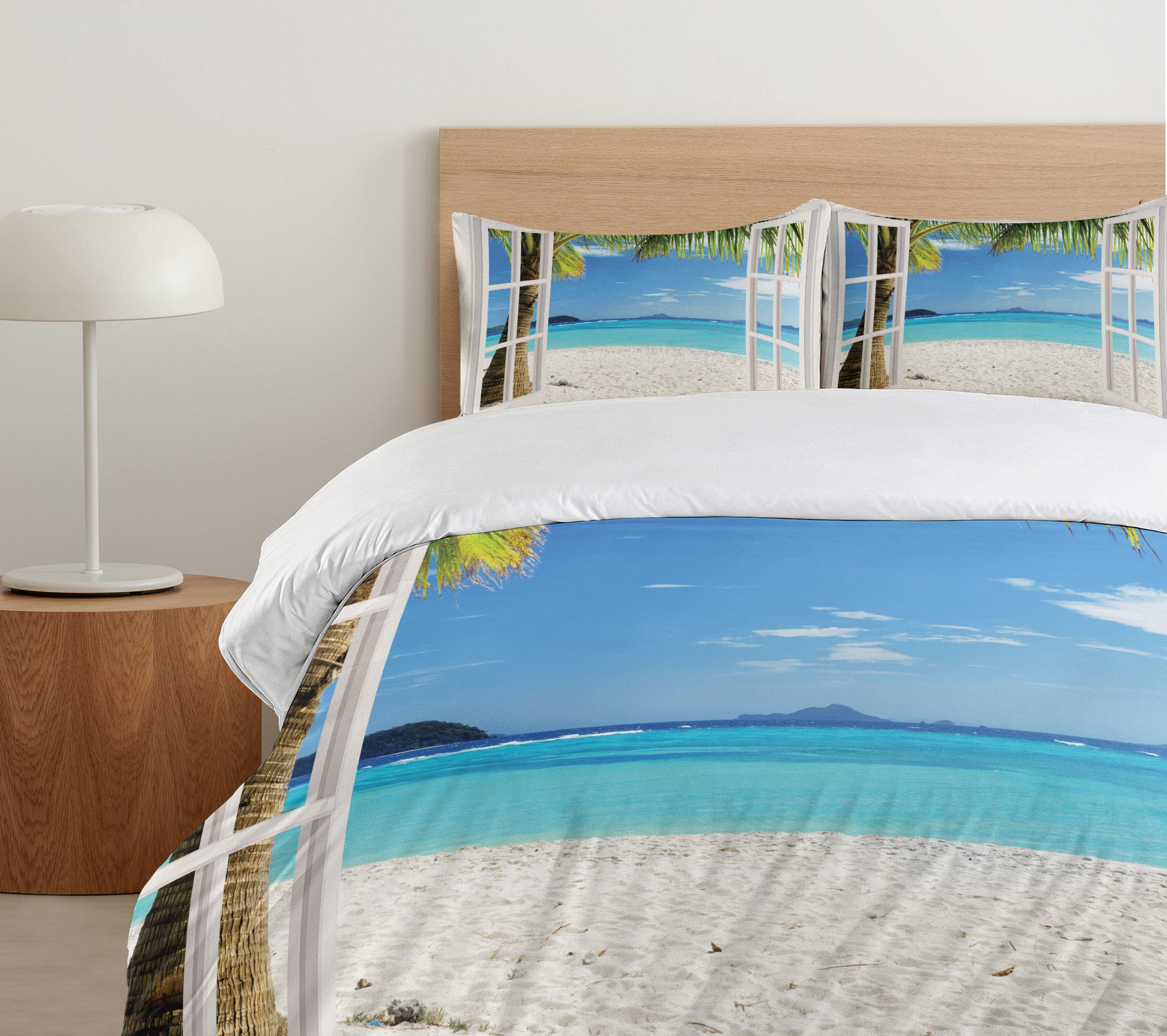 Ambesonne Turquoise Duvet Cover Set - Tropical Palm Trees Island Ocean Beach View Through White Wooden Windows - 3 Piece King Size Bedding Set with 2 Pillow Shams in White Green Blue - Perfect for Beach House Decor, Tropical Bedroom Theme & Coastal Home Styling