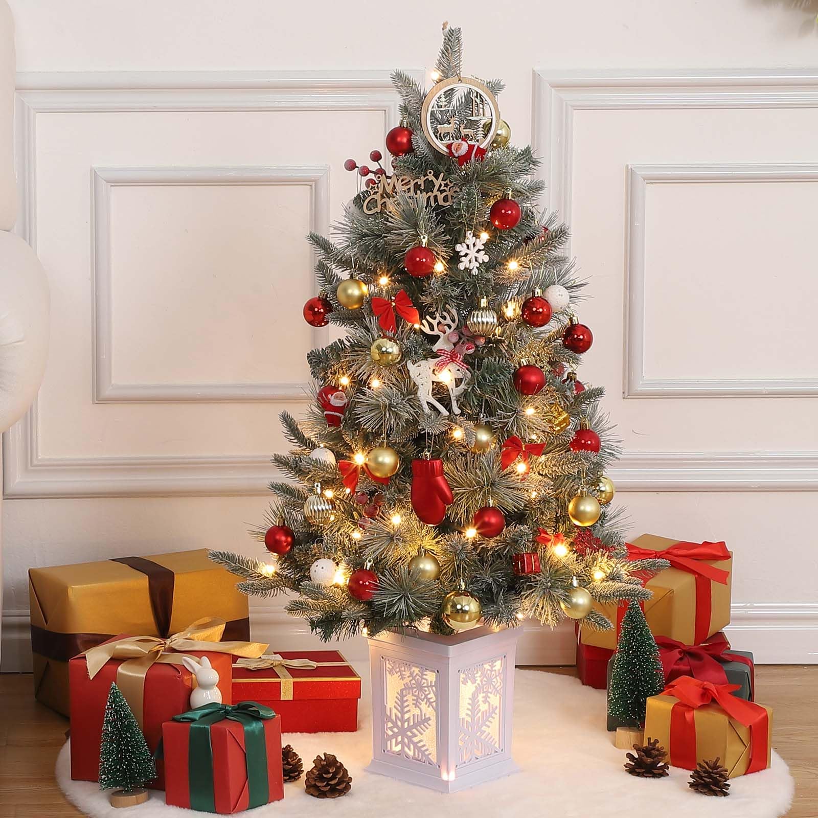 GARVEE 3FT Pre-Lit Artificial Snow Flocked Christmas Tree with Snowflake Light Box Base - 78 LED Lights, 8 Lighting Modes, Battery Operated - Perfect for Home, Office, Party & Holiday Decorations (Set of 2) - Ideal for Christmas Tree Decorations, Winter Wonderland Themes & Festive Centerpieces