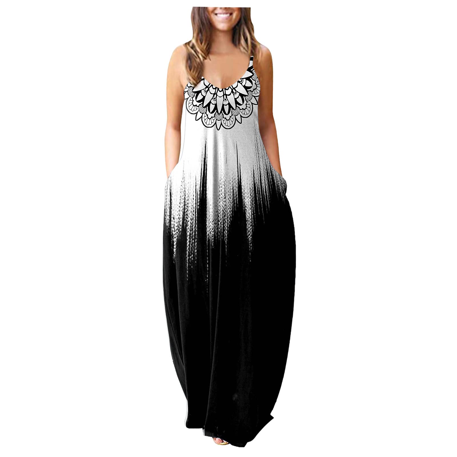 iQKA Women's Maxi Dress - Colorful Long Sleeveless V-Neck Tunic Dress with Pockets | Summer Casual Beach Dress, Vacation Outfit, Boho Chic Style