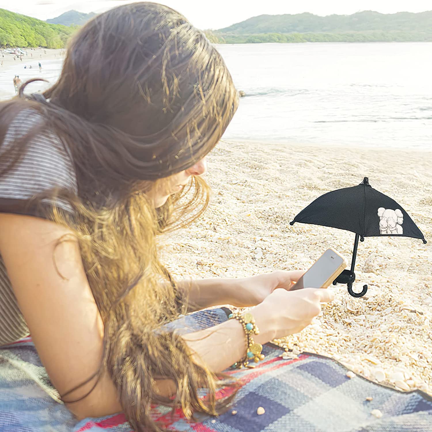Universal Adjustable Phone Stand with Suction Cup & Sun Shade - Anti-Glare Sun Shield Holder for Smartphones, Perfect for Outdoor Use at Beach, Pool or Picnic (Red Flower Design)