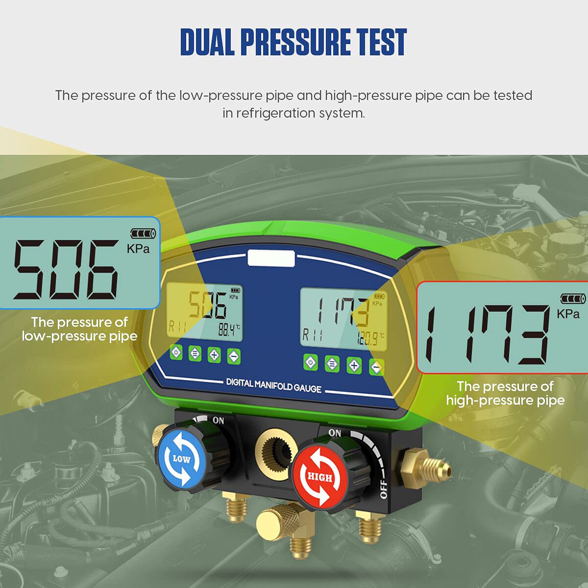 Digital Manifold Dual Gauge Set HVAC - Professional Refrigeration Vacuum Pressure Temperature Leakage Tester with 3 Modes for 90+ Refrigerants - Ideal for HVAC Technicians, AC Repair & Refrigerant Charging
