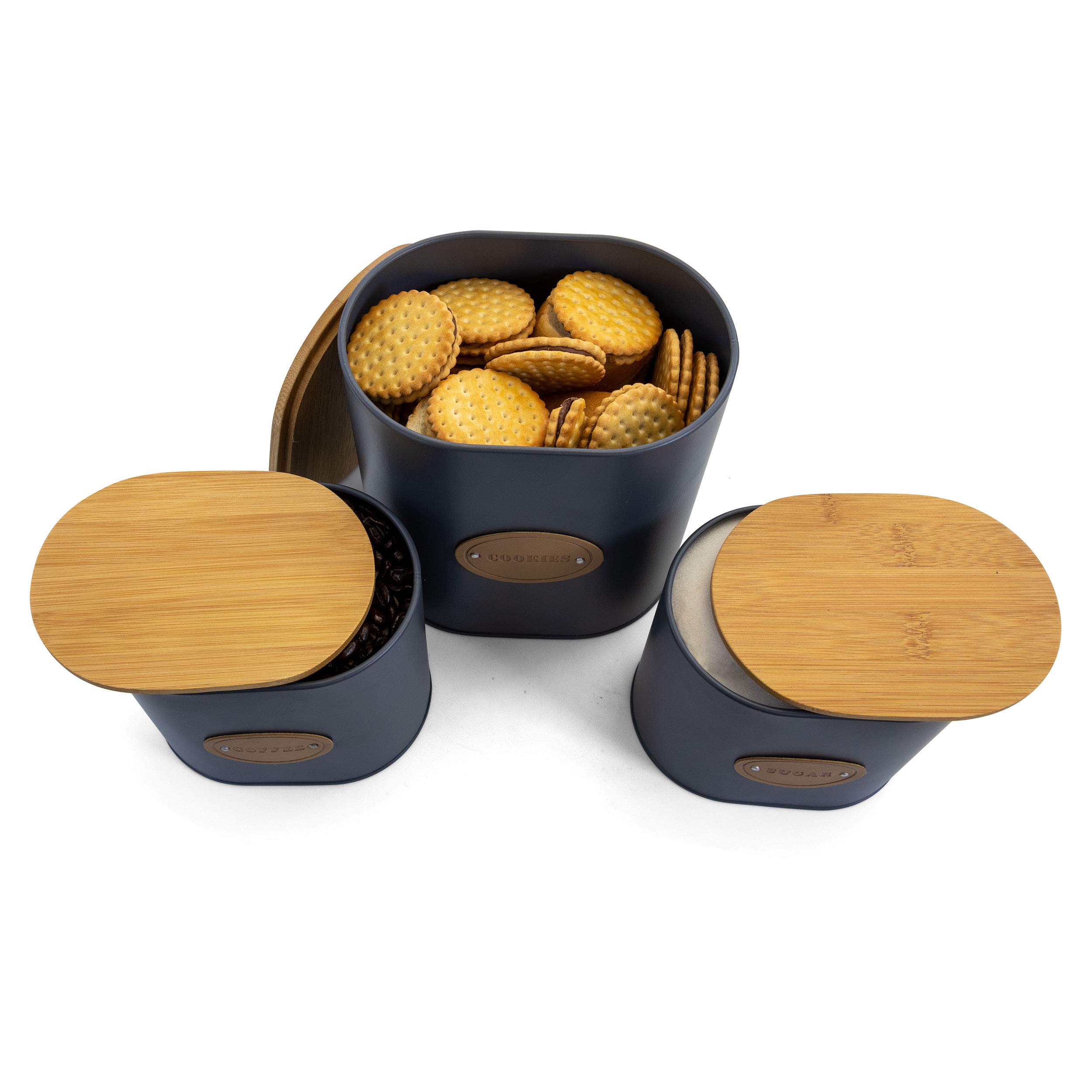 MegaChef 5-Piece Grey Kitchen Canister Set with Bamboo Lids - Airtight Food Storage Containers for Flour, Sugar, Coffee & Pantry Organization - Perfect for Modern Kitchens & Home Organization