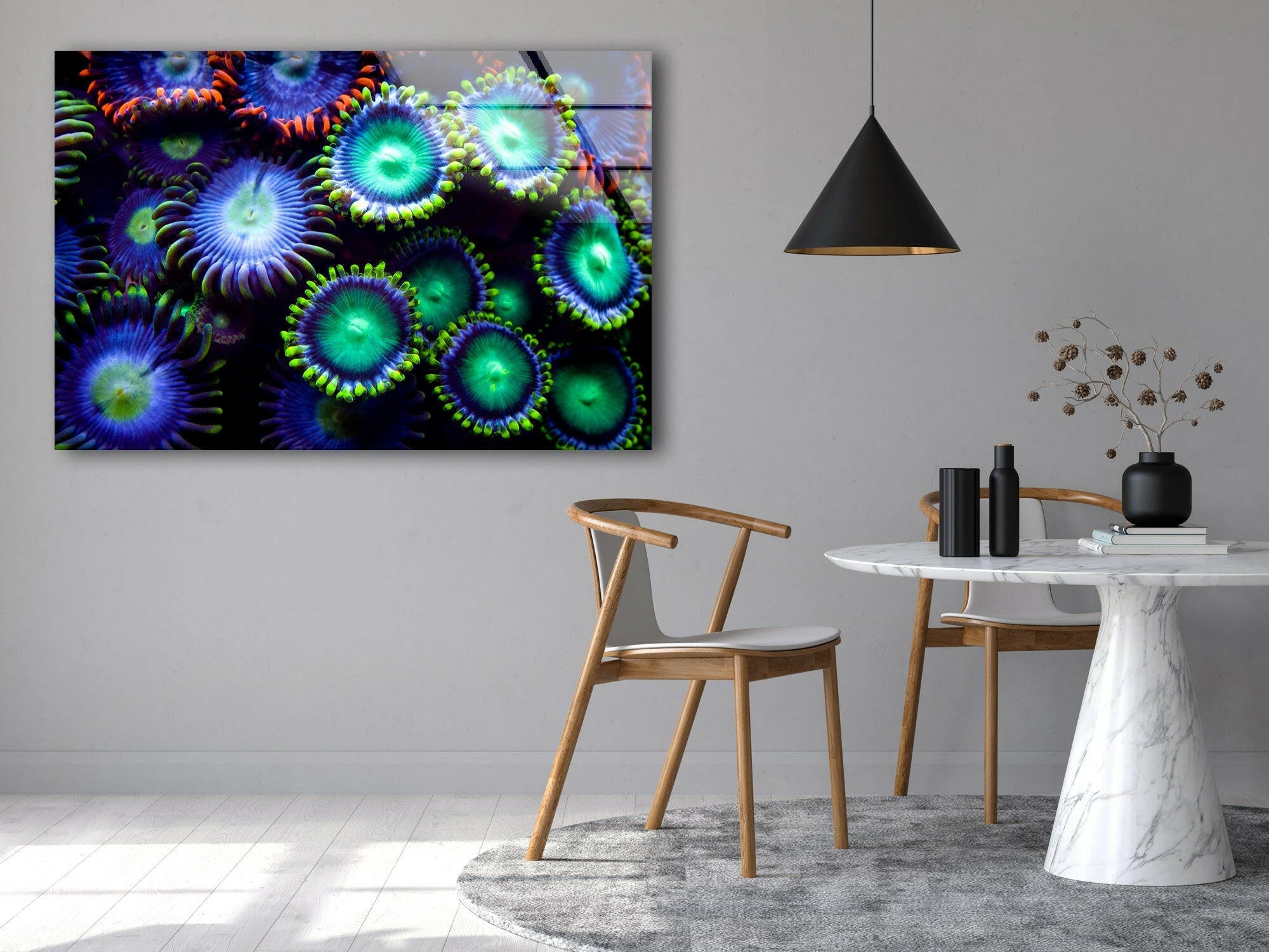 Bioluminescent Coral Bloom Glass Wall Art - Stunning Underwater Glow Decor for Living Room, Bedroom & Office