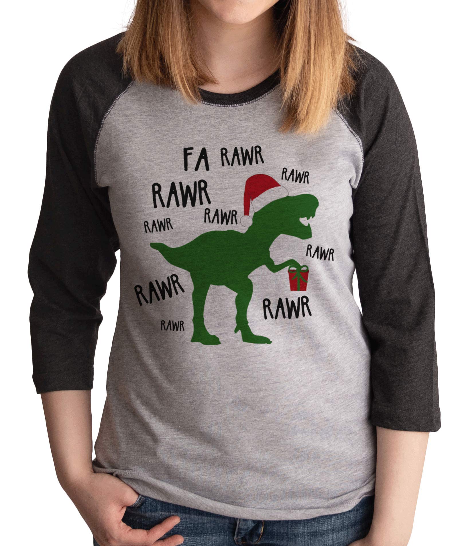 7 ate 9 Apparel Women's Dinosaur Print Christmas Long Sleeve Raglan T-Shirt - Festive Holiday Party Outfit & Casual Wear