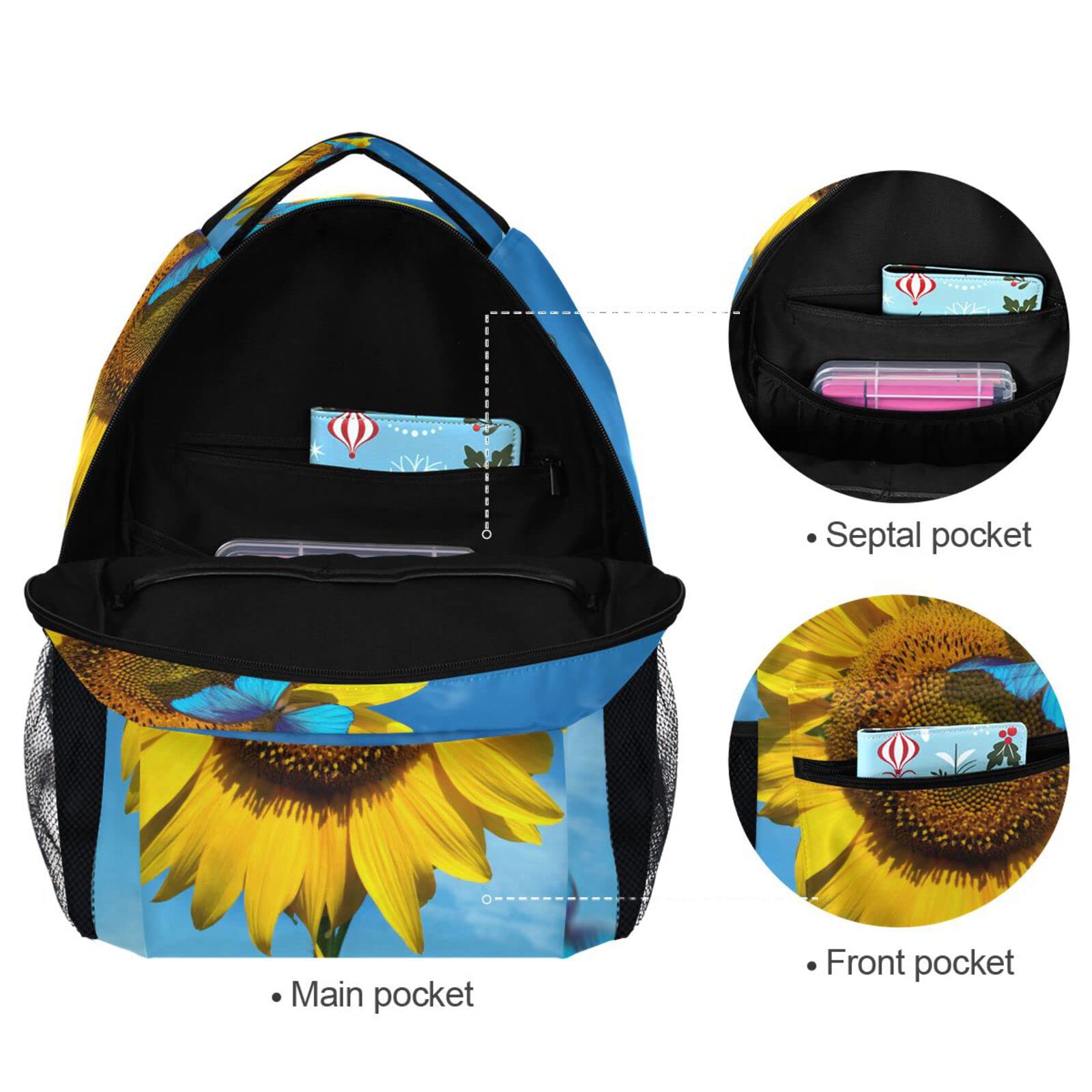 JIPONI Sunflower Blue Sky Butterfly Backpack for Women & Men - Stylish School Bag, Laptop Backpack for Students, Travel Daypack & Purse - Perfect for College, Work & Outdoor Adventures