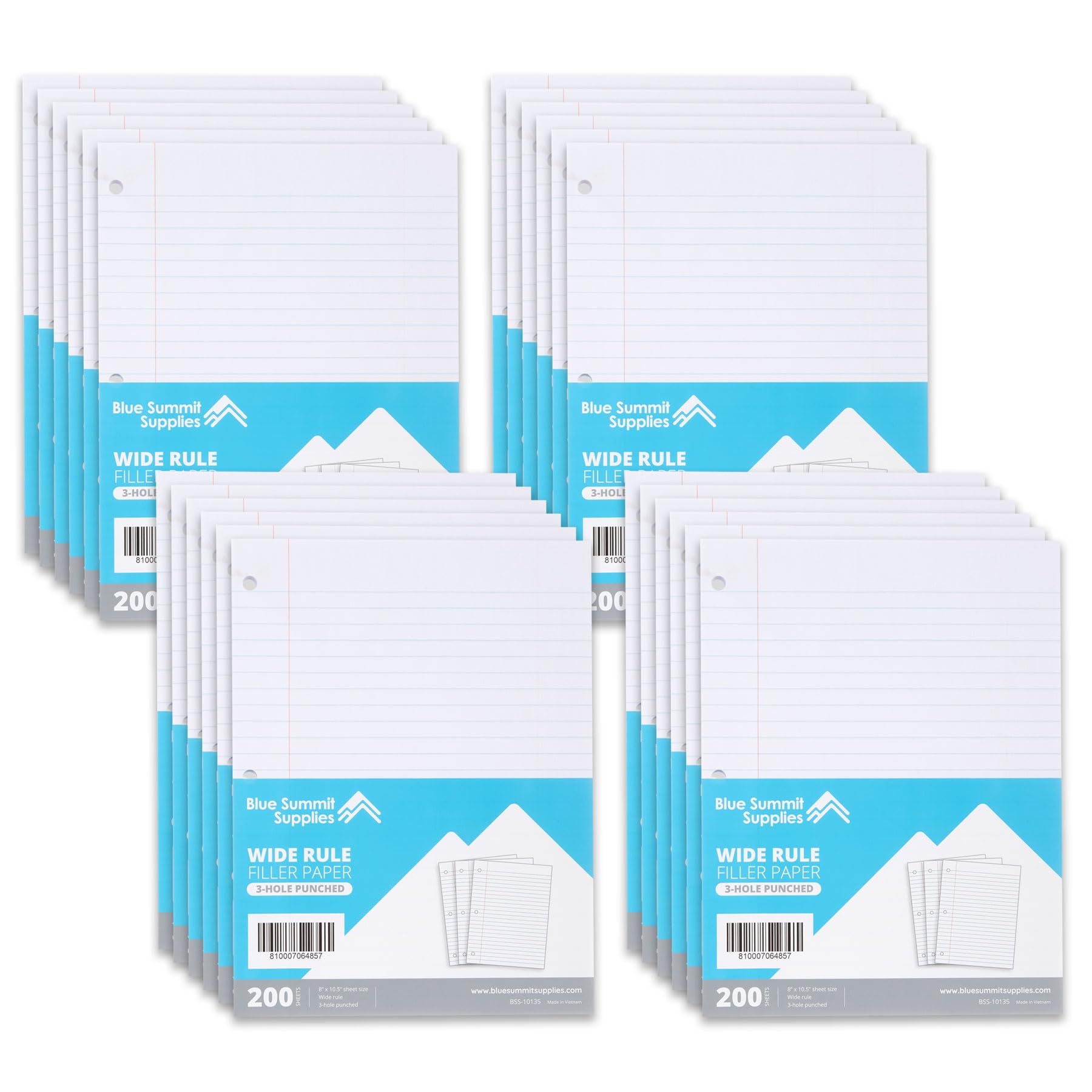Blue Summit Loose Leaf Filler Paper, Wide Ruled Notebook Paper (8” x 10.5”) – 4800 Sheets Bulk Pack for 3 Ring Binders, 200 Sheets per Pack (24 Packs) – Perfect for School, Office, and Home Organization
