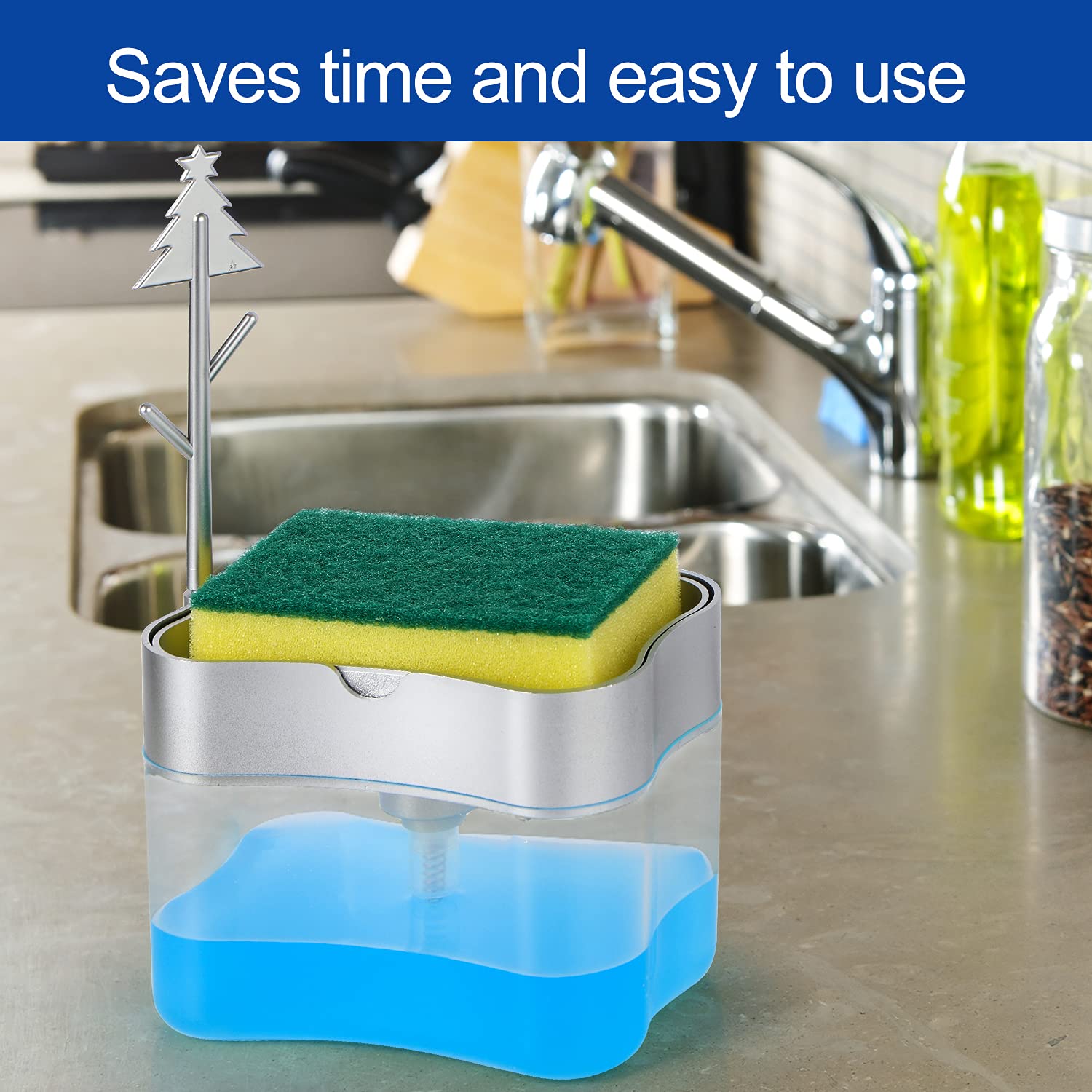Premium 13oz Soap Dispenser for Kitchen Countertop & Sink - Automatic Dish Soap Dispenser with Sponge Holder - Touchless Hand Soap Dispenser for Home, Restaurant & Office Use