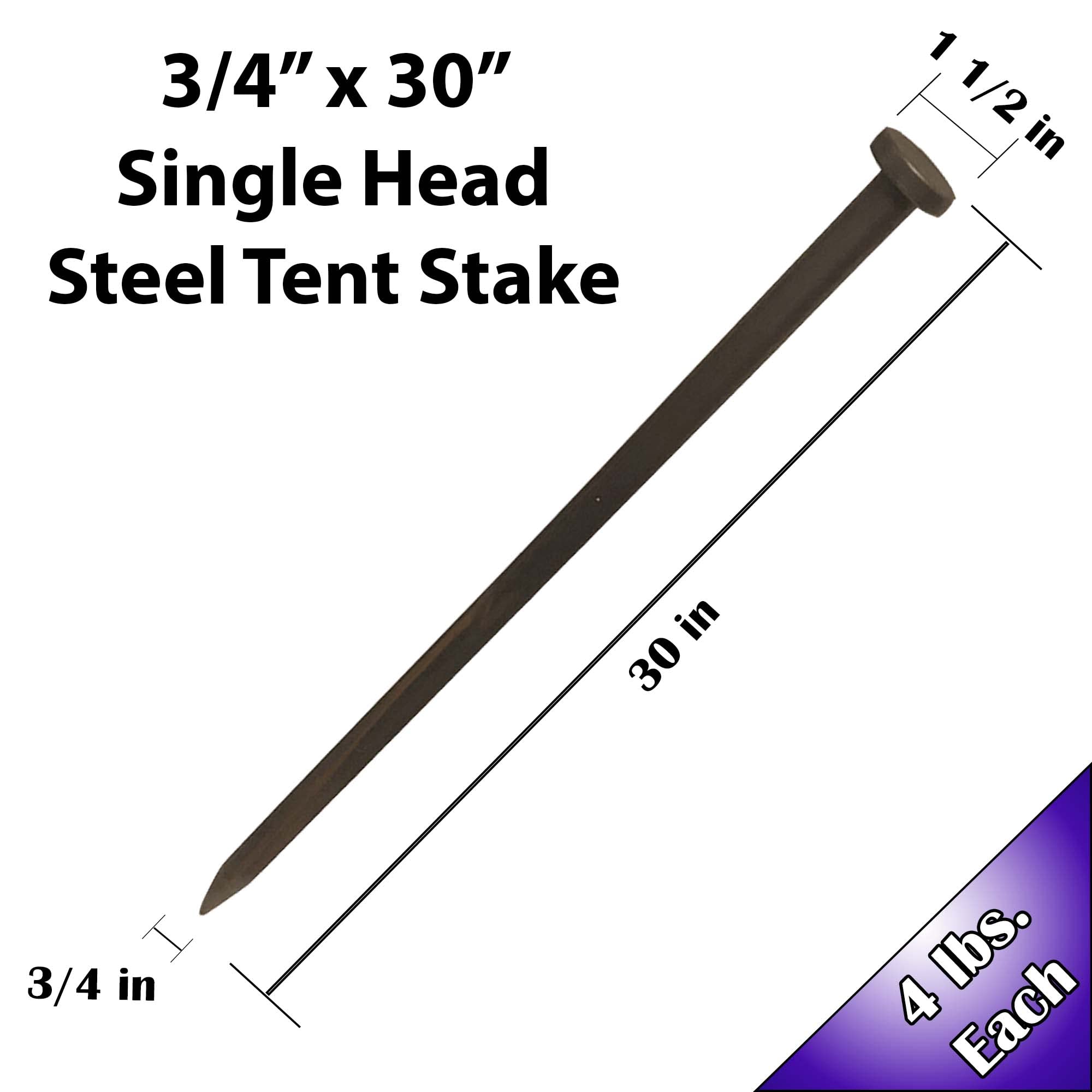 Heavy Duty Single Head Metal Tent Stakes - 3/4 x 30 Inch Steel Ground Spikes for Commercial Inflatables, Event Tents & Camping Shelters (4 Pack) - Perfect for Outdoor Events, Beach Parties and Camping Trips