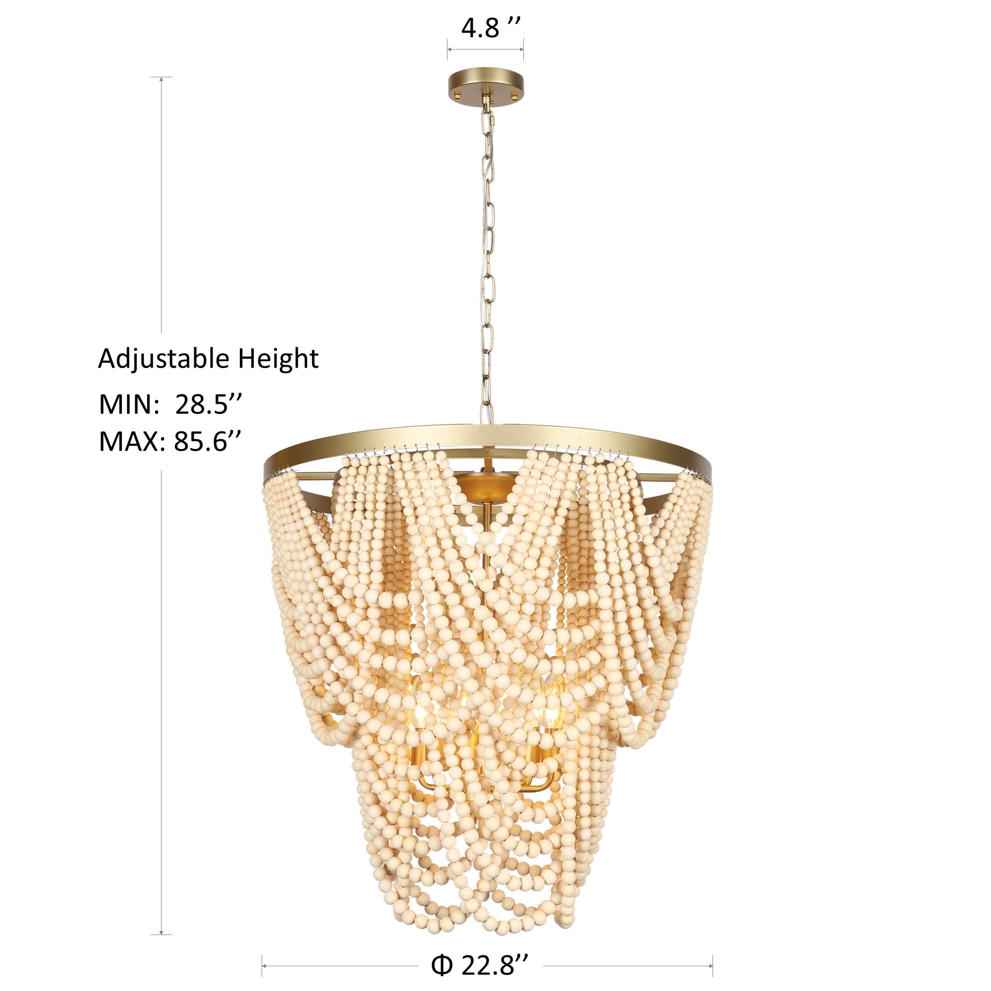 6-Light Bohemian Wood Beaded Chandelier - Gold & Oak Finish Modern Farmhouse Pendant Light for Dining Room, Bedroom, Entryway | Coastal & Rustic Home Decor Lighting Fixture