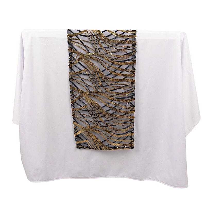 12x108 Inch Mesh Table Runner with Wavy Embroidered Sequins - Elegant Dining Decor for Weddings, Parties & Holiday Celebrations