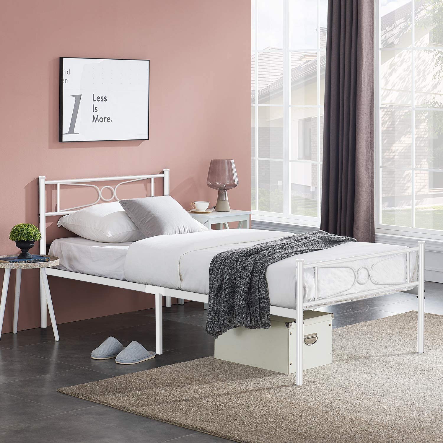 White Twin Bed Frame with Storage for Girls & Boys - Sturdy Metal Platform Bed with Headboard & Footboard, No Box Spring Needed - Perfect for Teenagers, Students & Small Bedrooms
