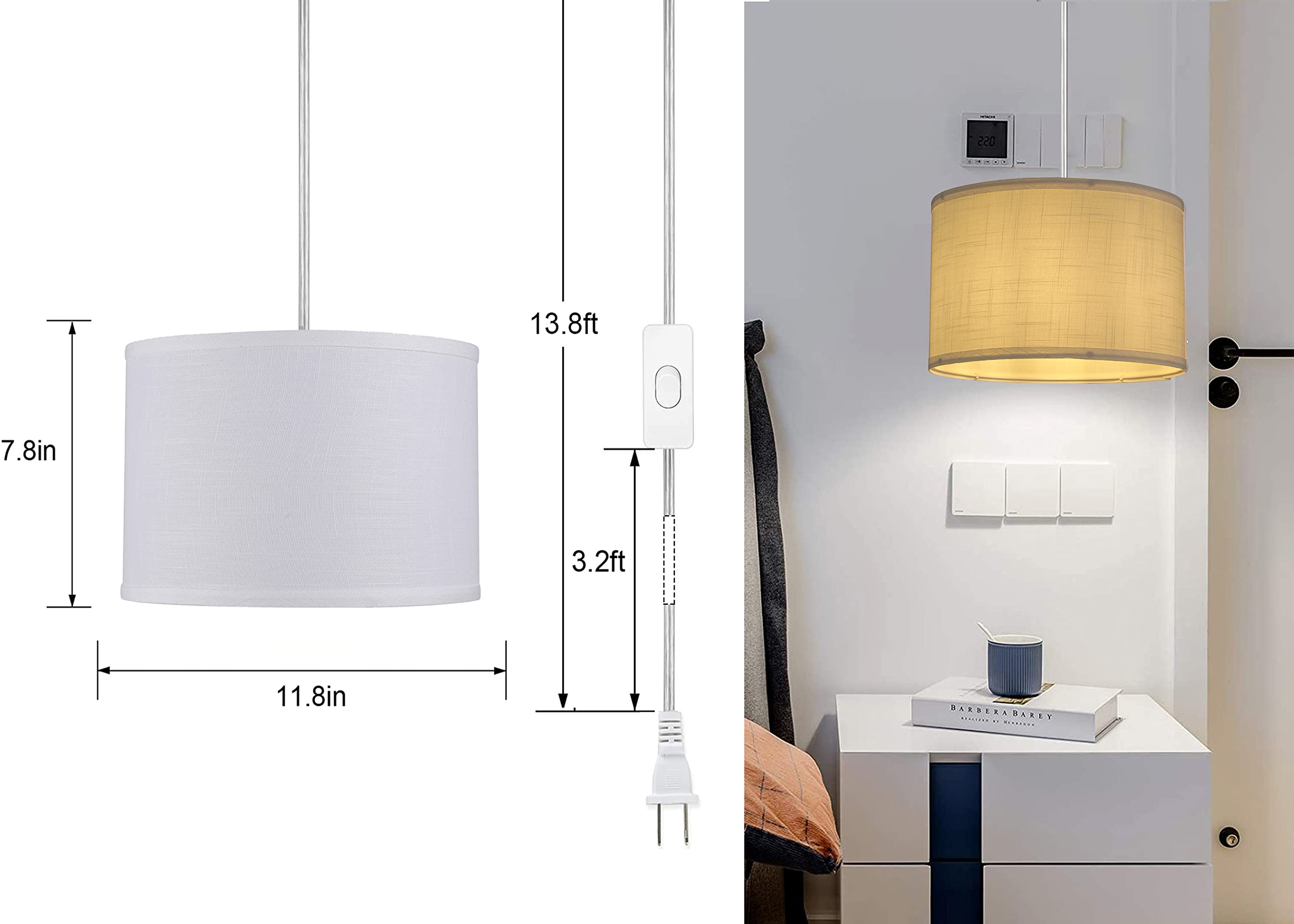 Plug in Pendant Light with Linen Shade - Hanging Light Fixture with On/Off Switch & Included Bulb - Modern Plug-in Ceiling Lamp for Bedroom, Living Room, Dining Room & Kitchen - Perfect for Home Decor, Dorm Rooms and Cozy Reading Nooks