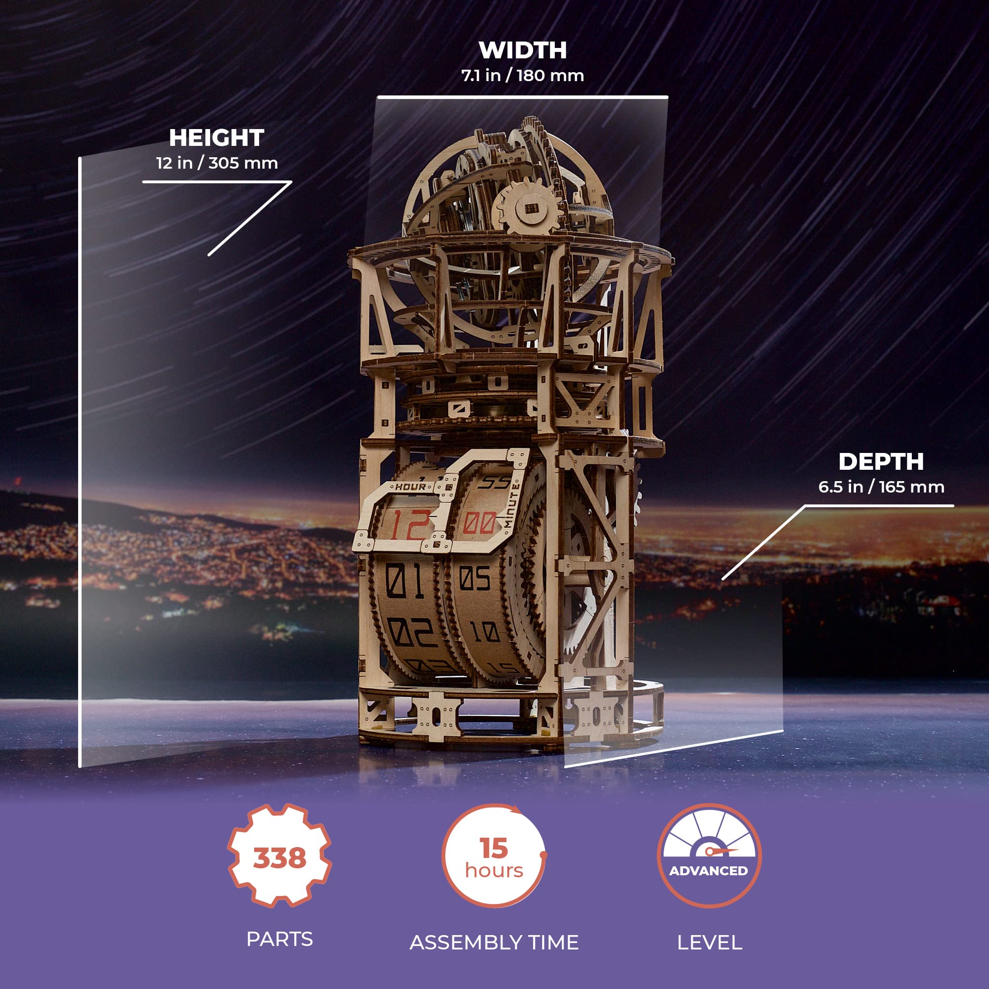 UGEARS Sky Watcher Wooden Astronomical Desk Clock - DIY 3D Puzzle Model Kit for Adults, Perfect Father's Day Gift - Home Office Decor & STEM Educational Project for Astronomy Enthusiasts