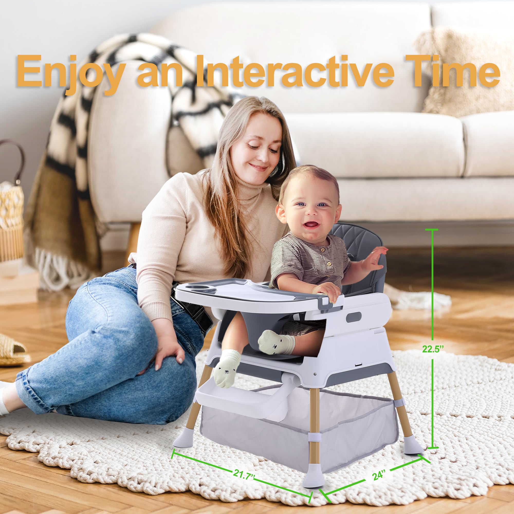 Hrusitoo 3-in-1 Convertible Baby High Chair - Adjustable Toddler Feeding Seat with Compact Design for Infants & Kids (Dark Gray) | Perfect for Dining, Travel & Small Spaces