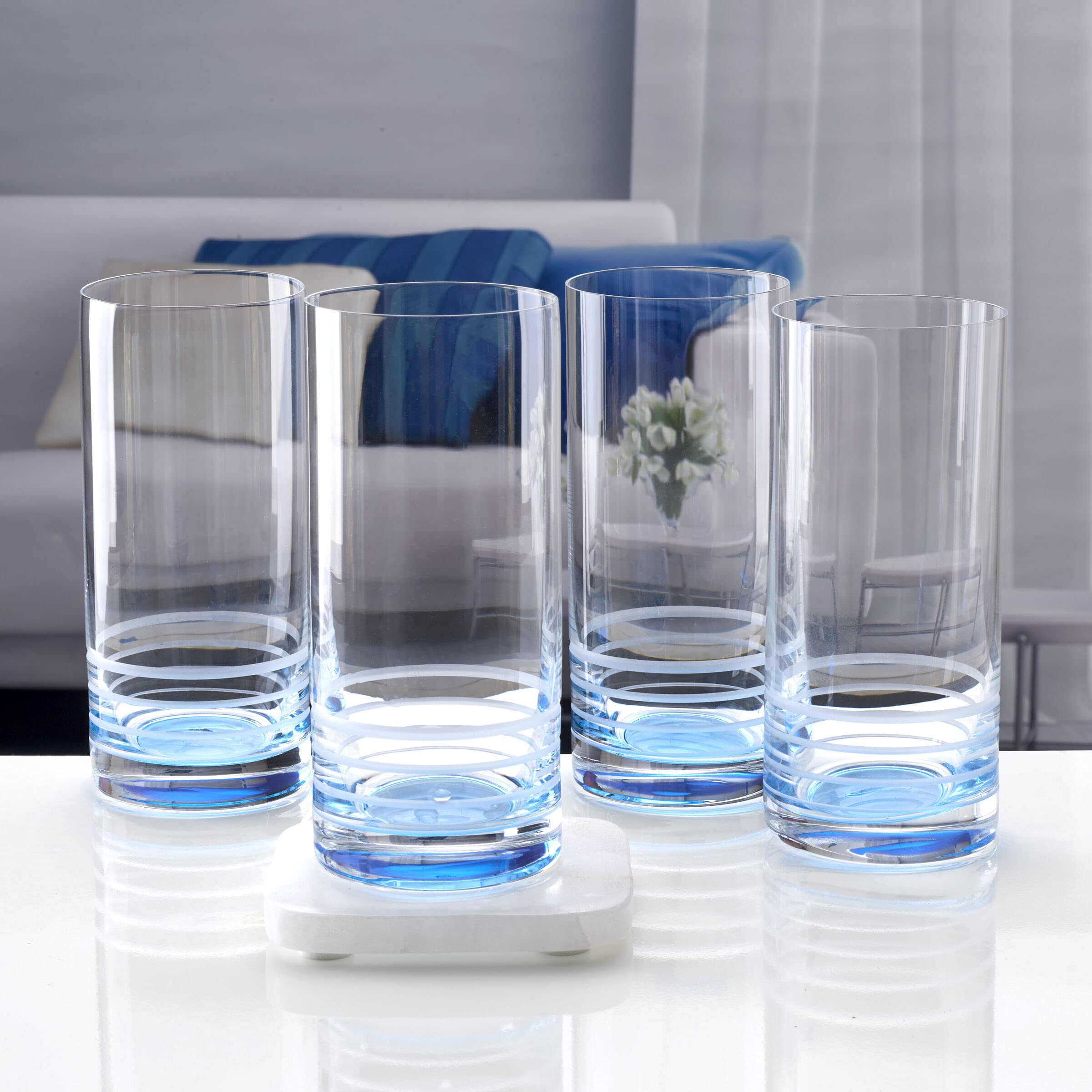 Mikasa Cal Ombre Highball Tumbler Cups - Set of 4 (17 oz) - Blue Glass Drinking Glasses for Cocktails, Iced Coffee & Home Bar Use