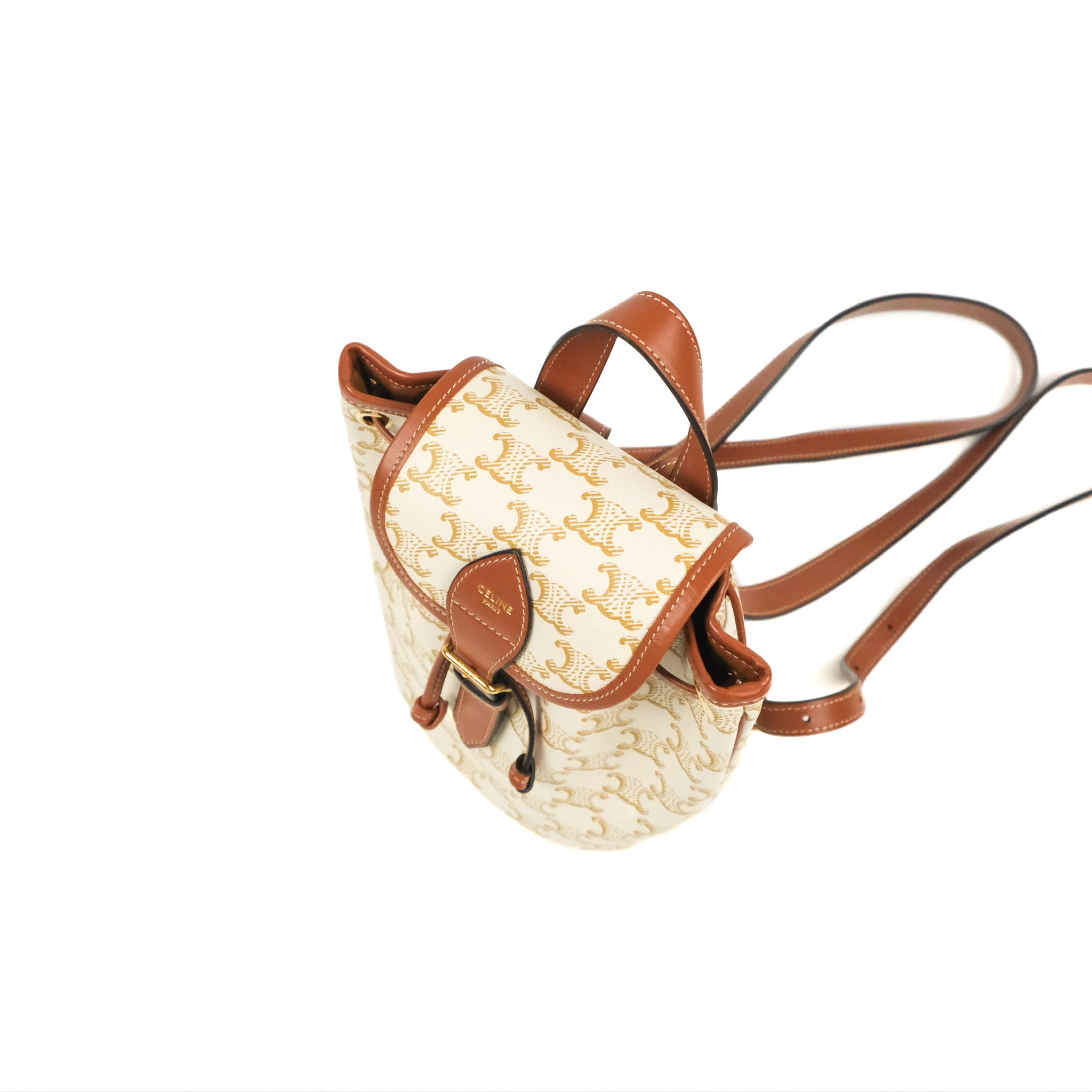 Celine Mini Floco Backpack in Triomphe Canvas - White & Tan Calfskin Leather | Stylish Luxury Backpack for Women, Travel & Everyday Use