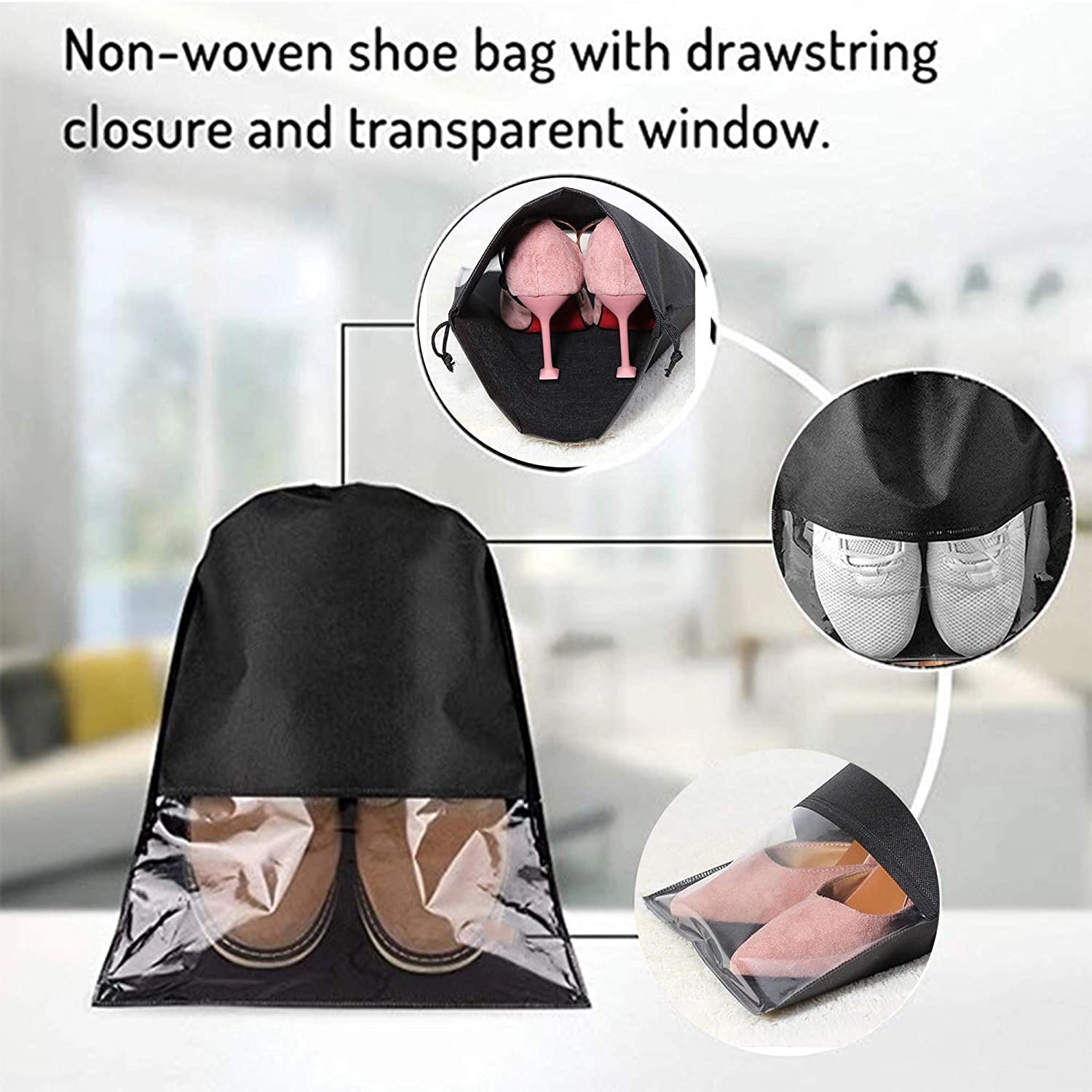 18-Piece Non-Woven Shoe Storage Bags - Travel Shoe Covers & Organizer Pouch Set - Portable Dustproof String Bags for Sneakers, Boots & Sandals - Perfect for Travel, Gym & Home Closet Organization (Black)